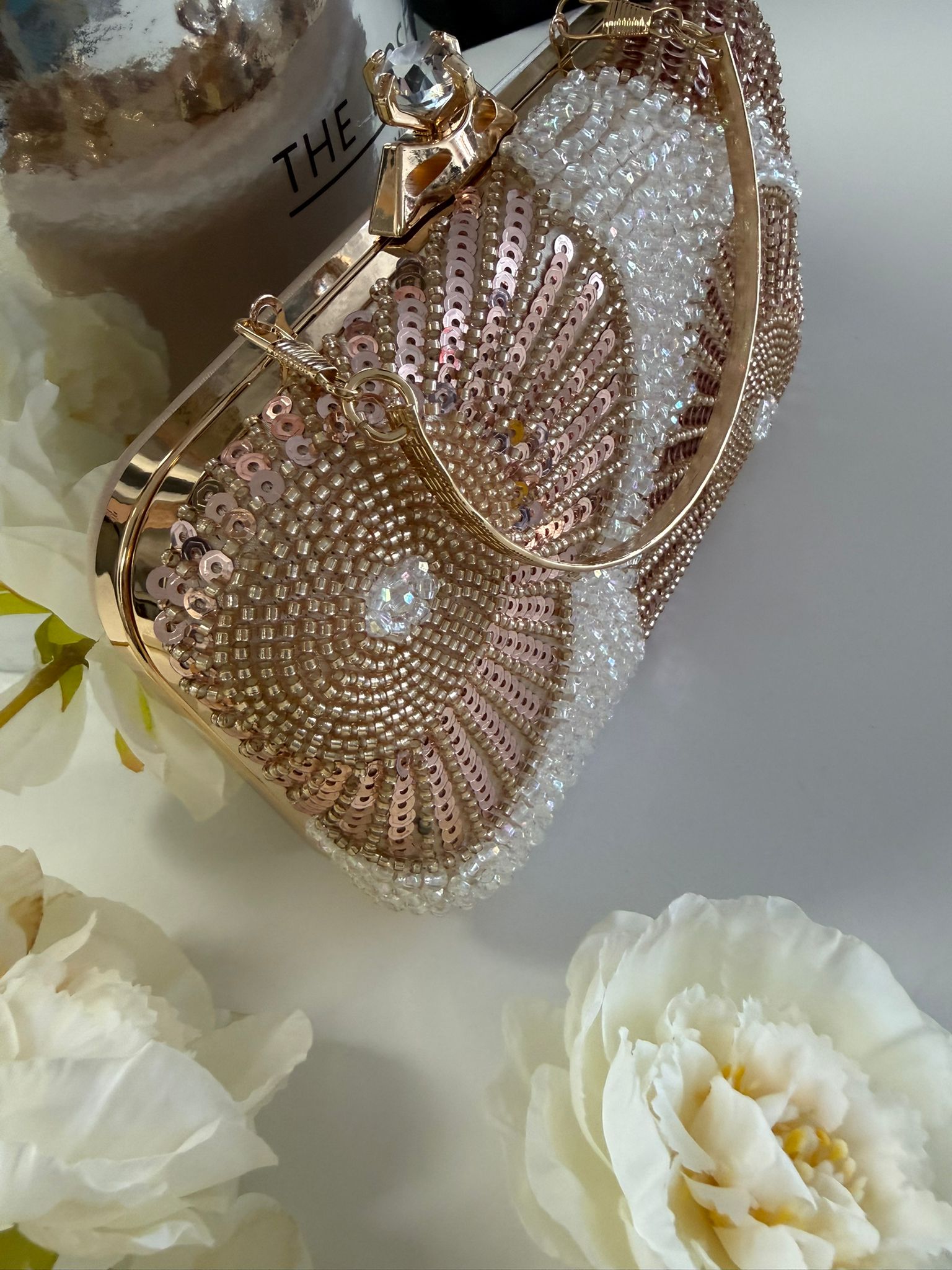 Luxury Pearl & Gold Floral Beaded Evening Clutch