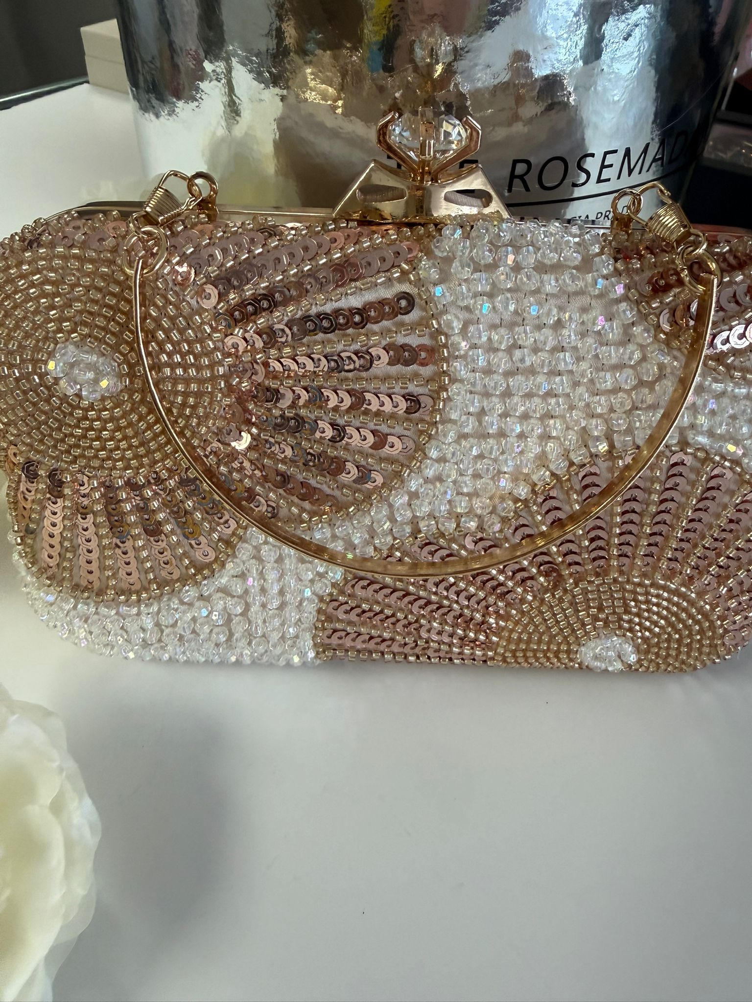 Luxury Pearl & Gold Floral Beaded Evening Clutch