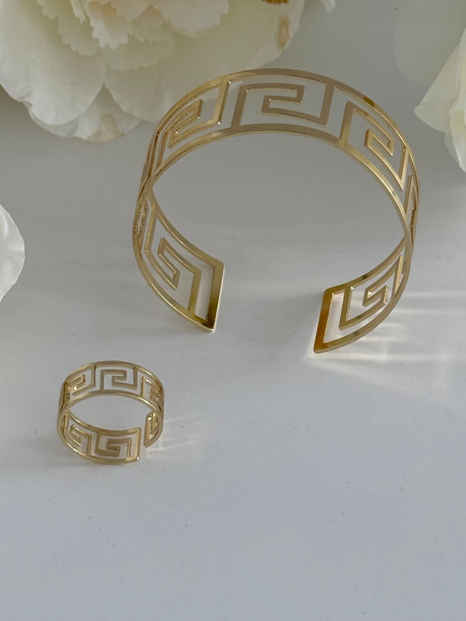 Elegant Gold-Tone Greek Key Bracelet & Ring Set