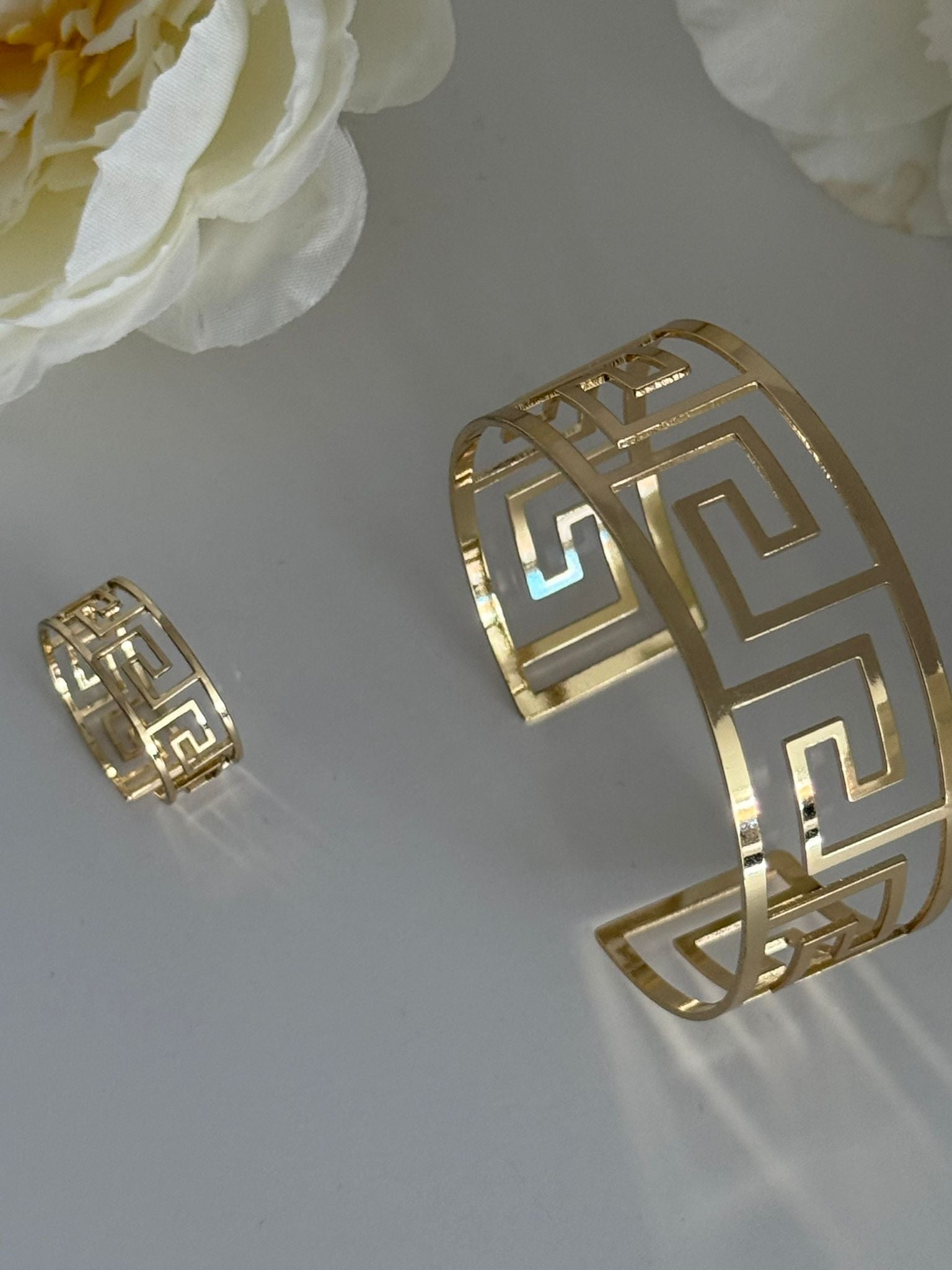 Elegant Gold-Tone Greek Key Bracelet & Ring Set