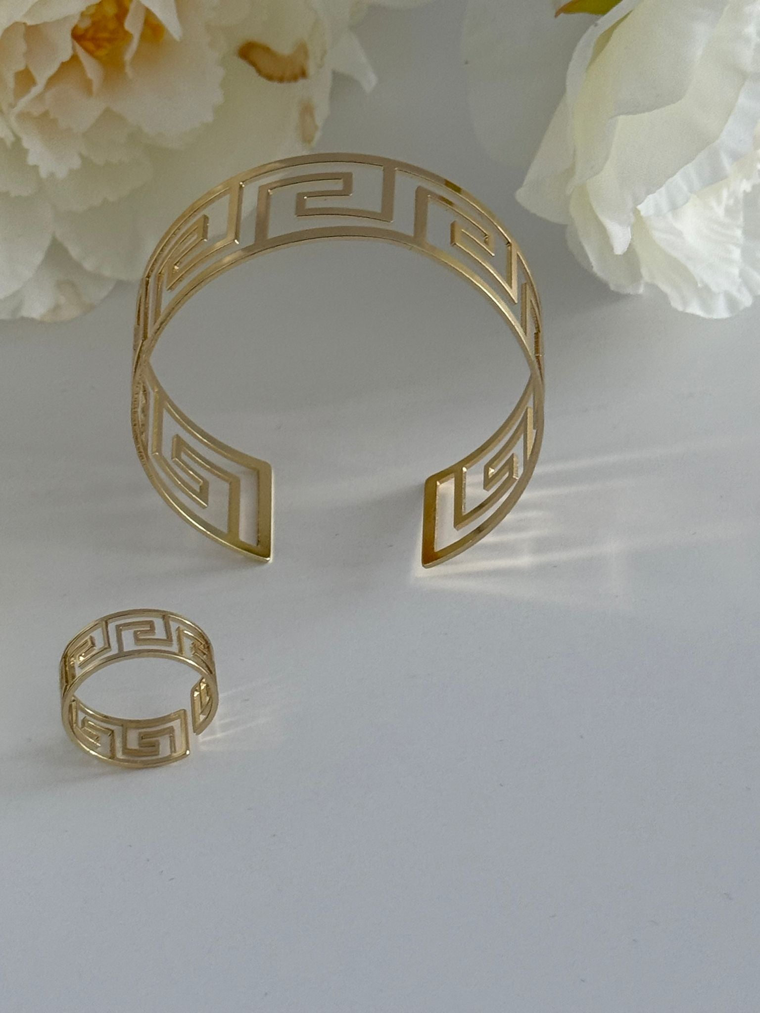 Elegant Gold-Tone Greek Key Bracelet & Ring Set