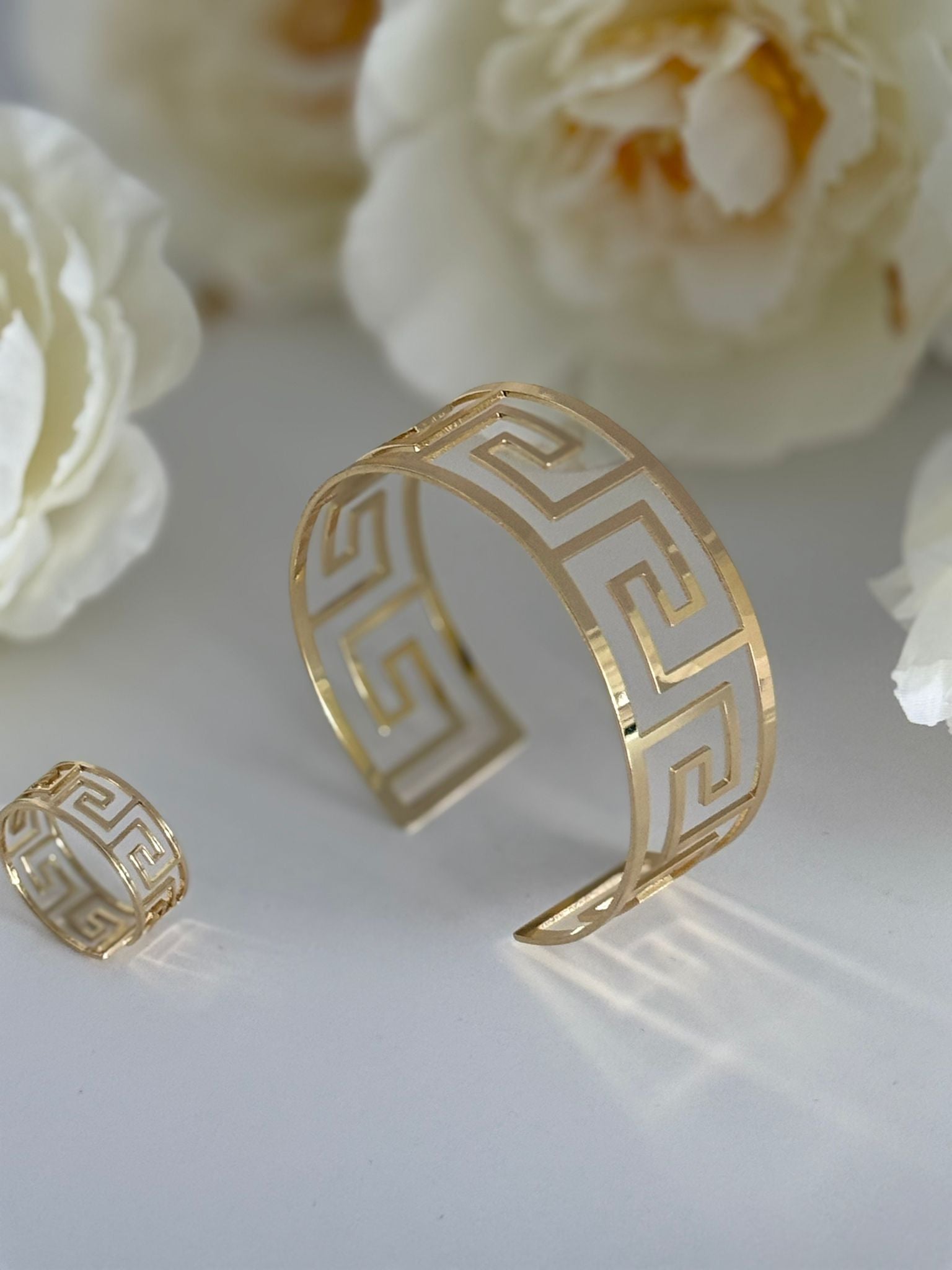 Elegant Gold-Tone Greek Key Bracelet & Ring Set