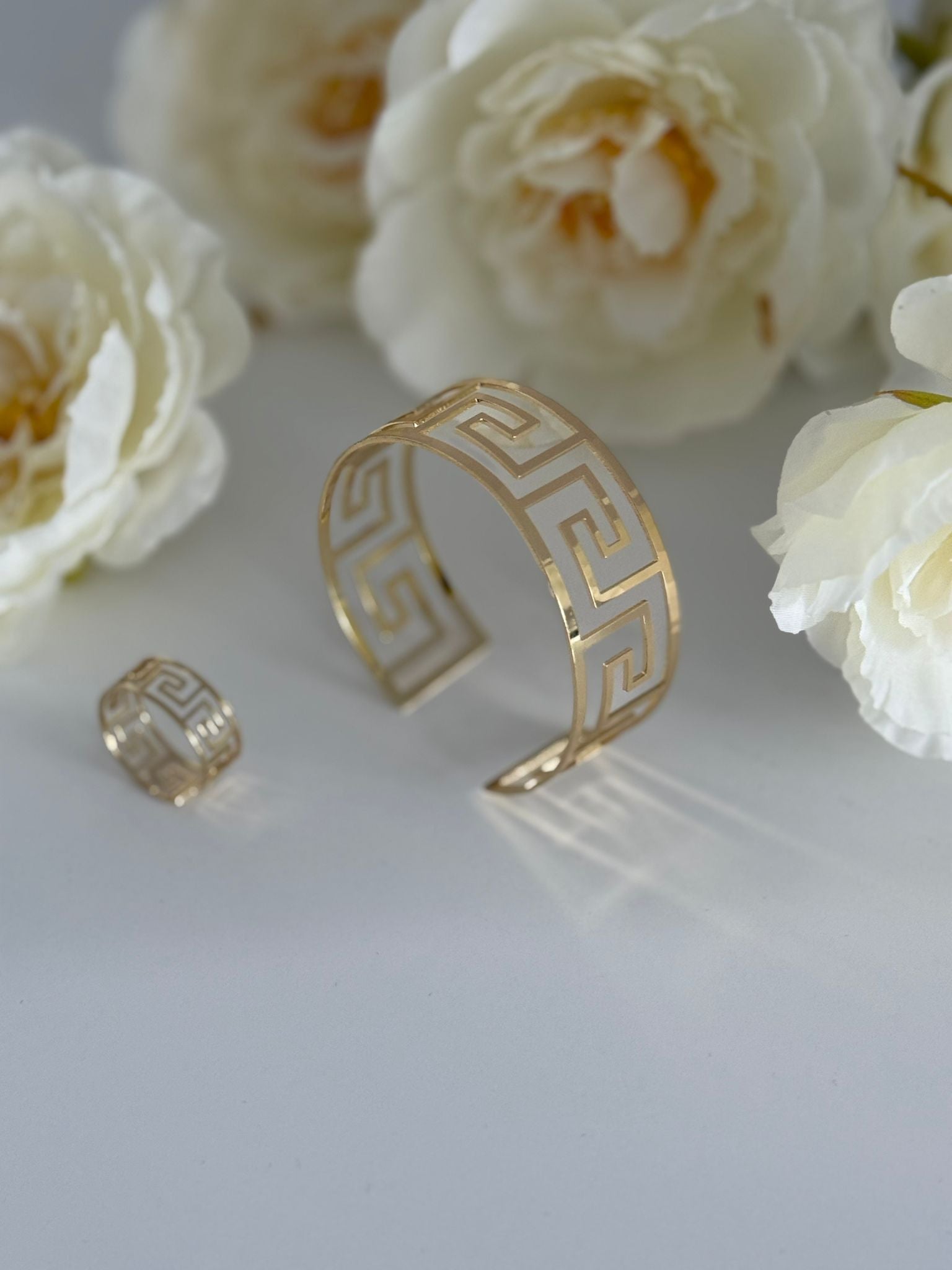 Elegant Gold-Tone Greek Key Bracelet & Ring Set
