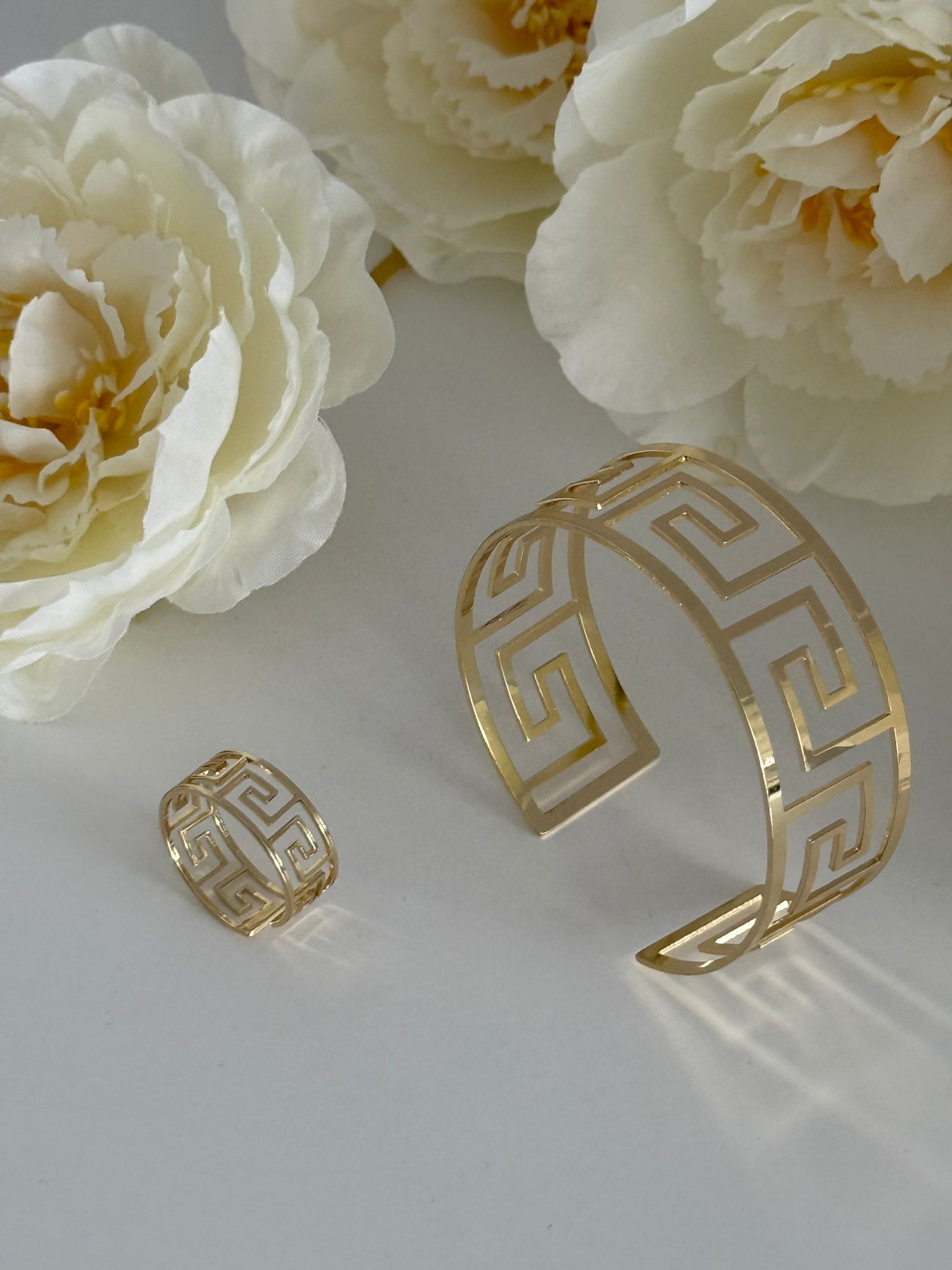 Elegant Gold-Tone Greek Key Bracelet & Ring Set