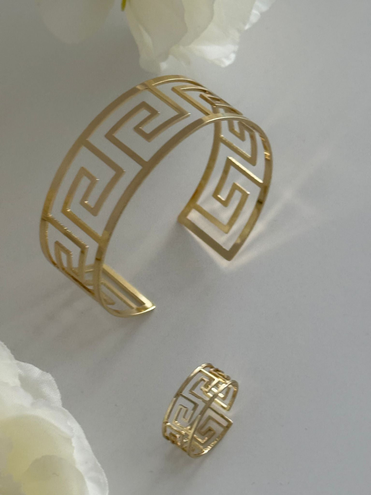 Elegant Gold-Tone Greek Key Bracelet & Ring Set
