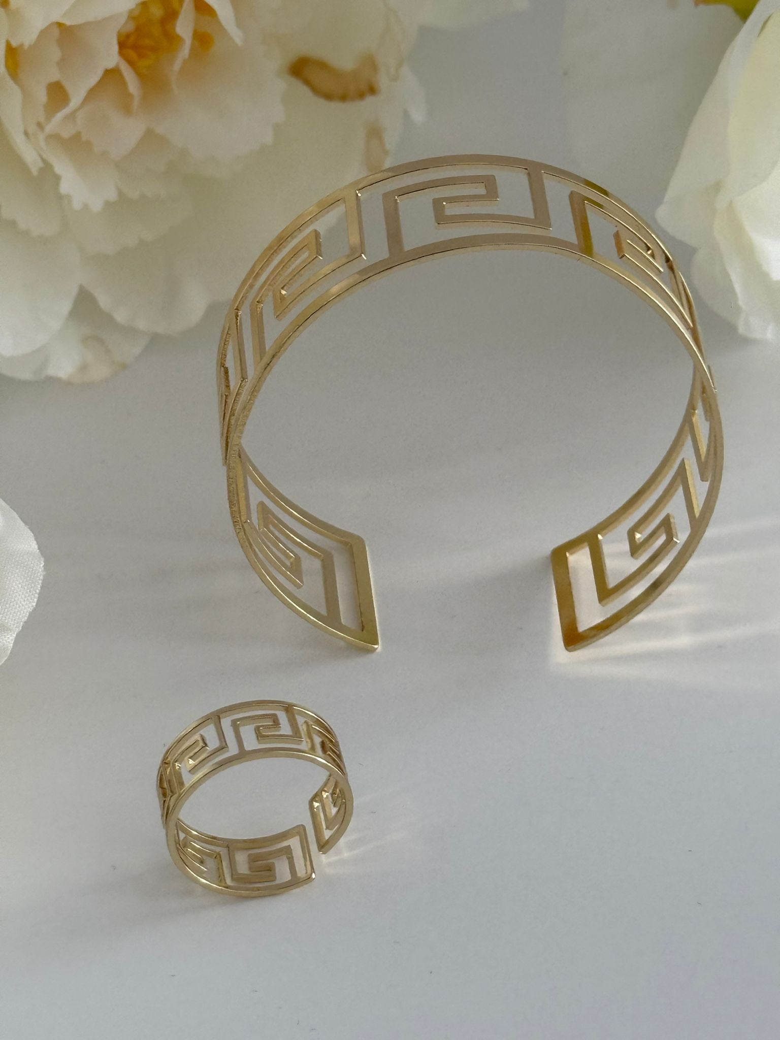 Elegant Gold-Tone Greek Key Bracelet & Ring Set