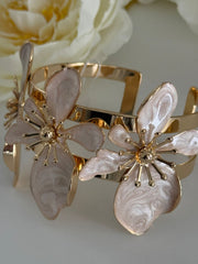 Elegant Gold-Tone White Floral Cuff Bracelet