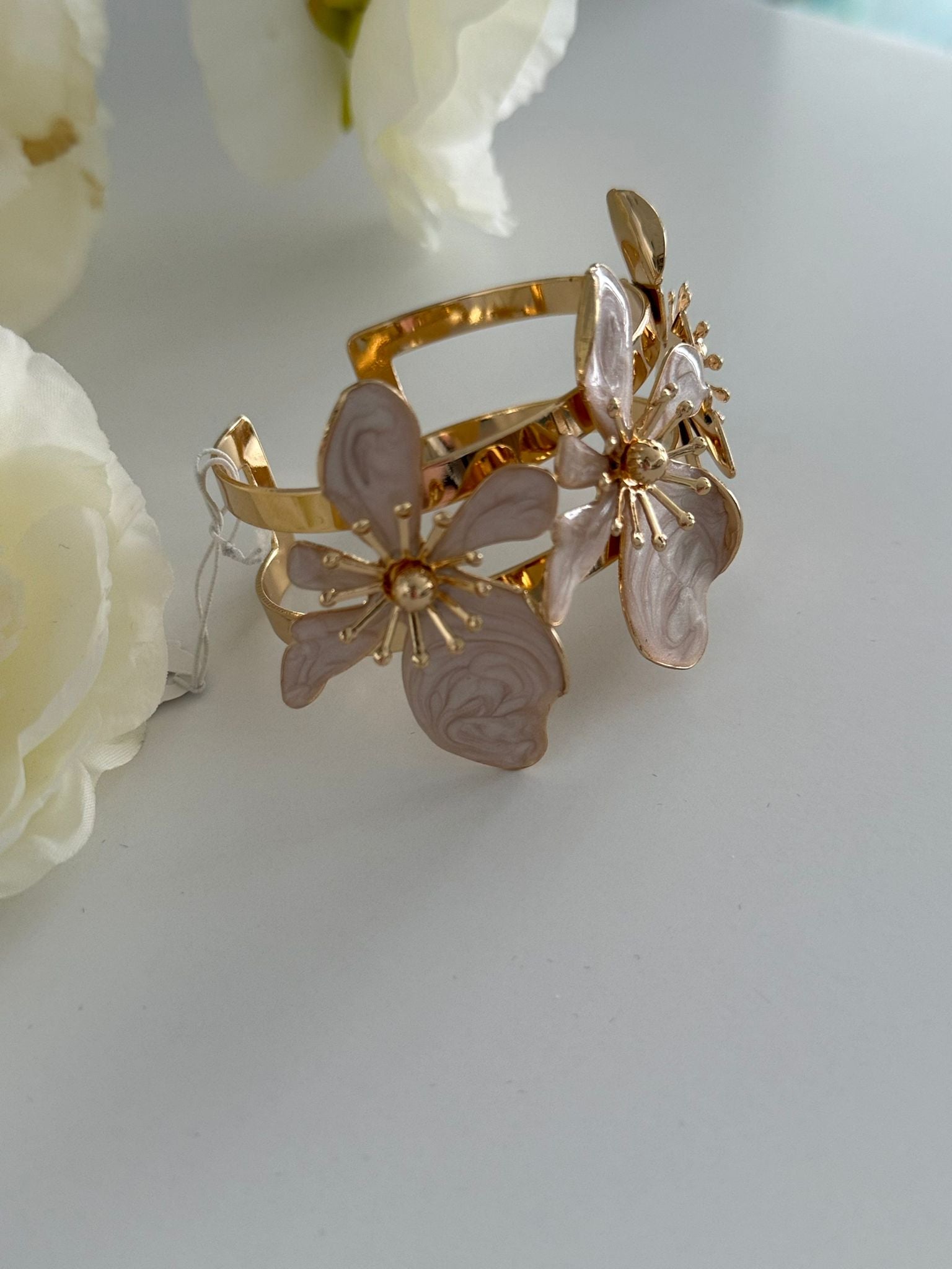 Elegant Gold-Tone White Floral Cuff Bracelet