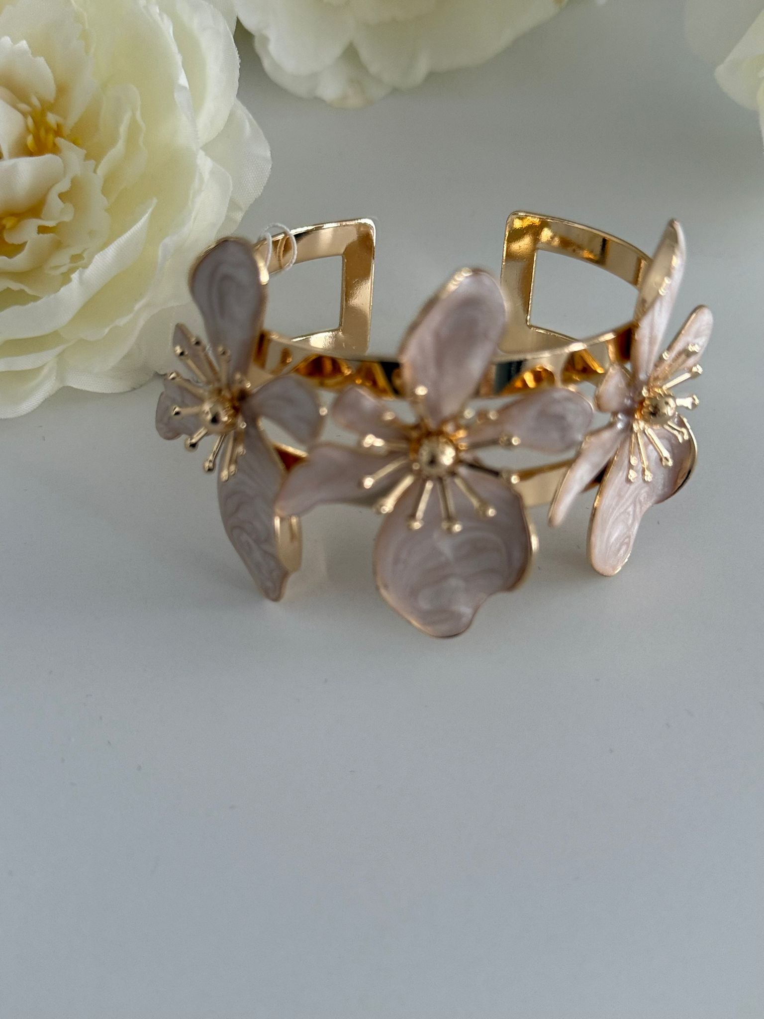 Elegant Gold-Tone White Floral Cuff Bracelet