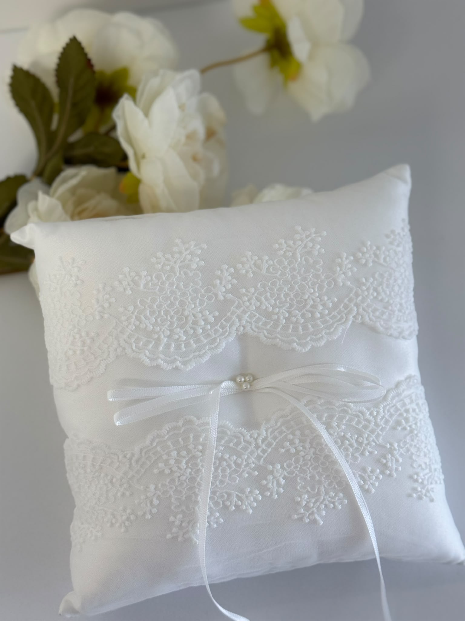 Elegant White Lace Wedding Ring Bearer Pillow
