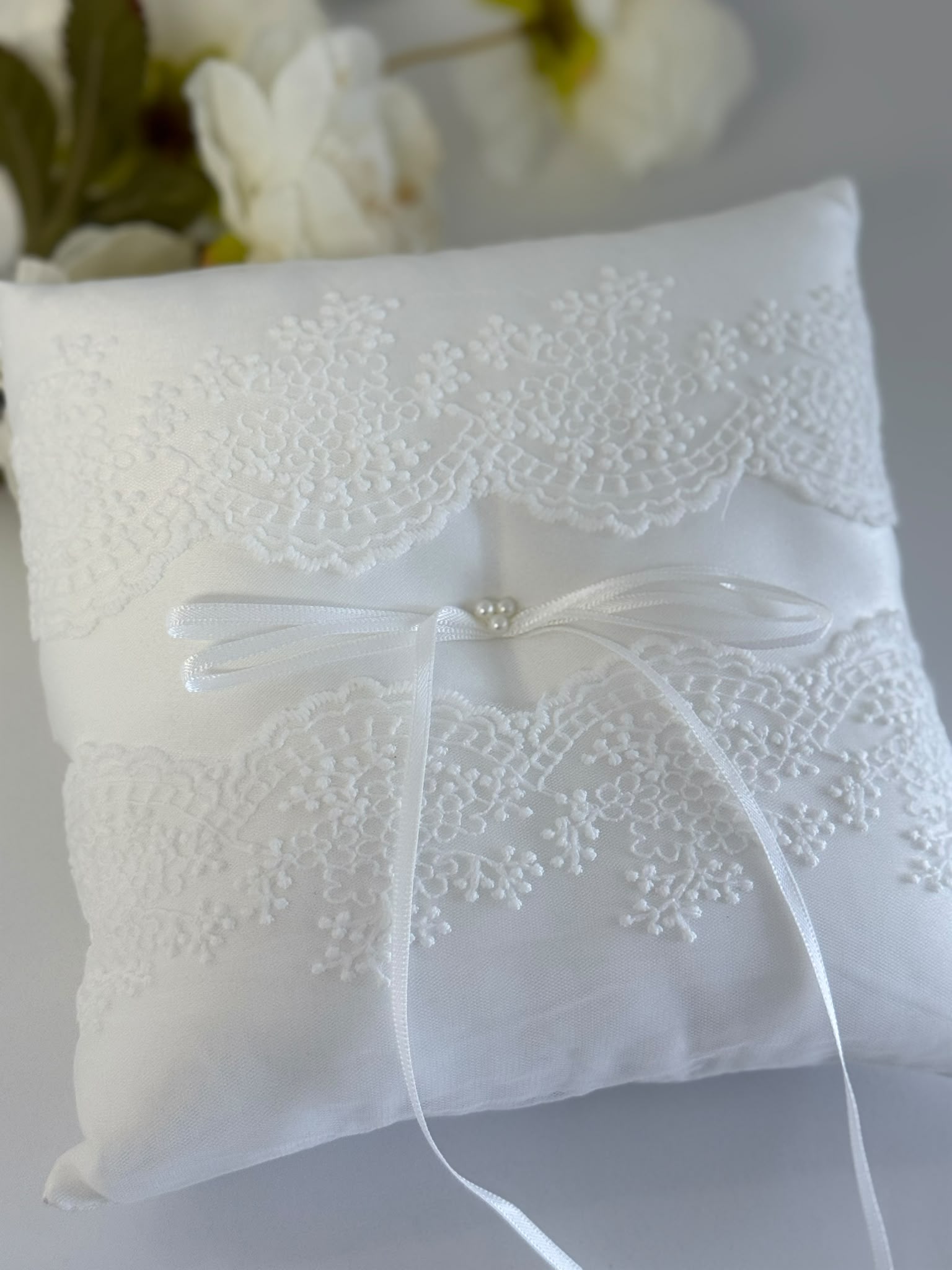 Elegant White Lace Wedding Ring Bearer Pillow