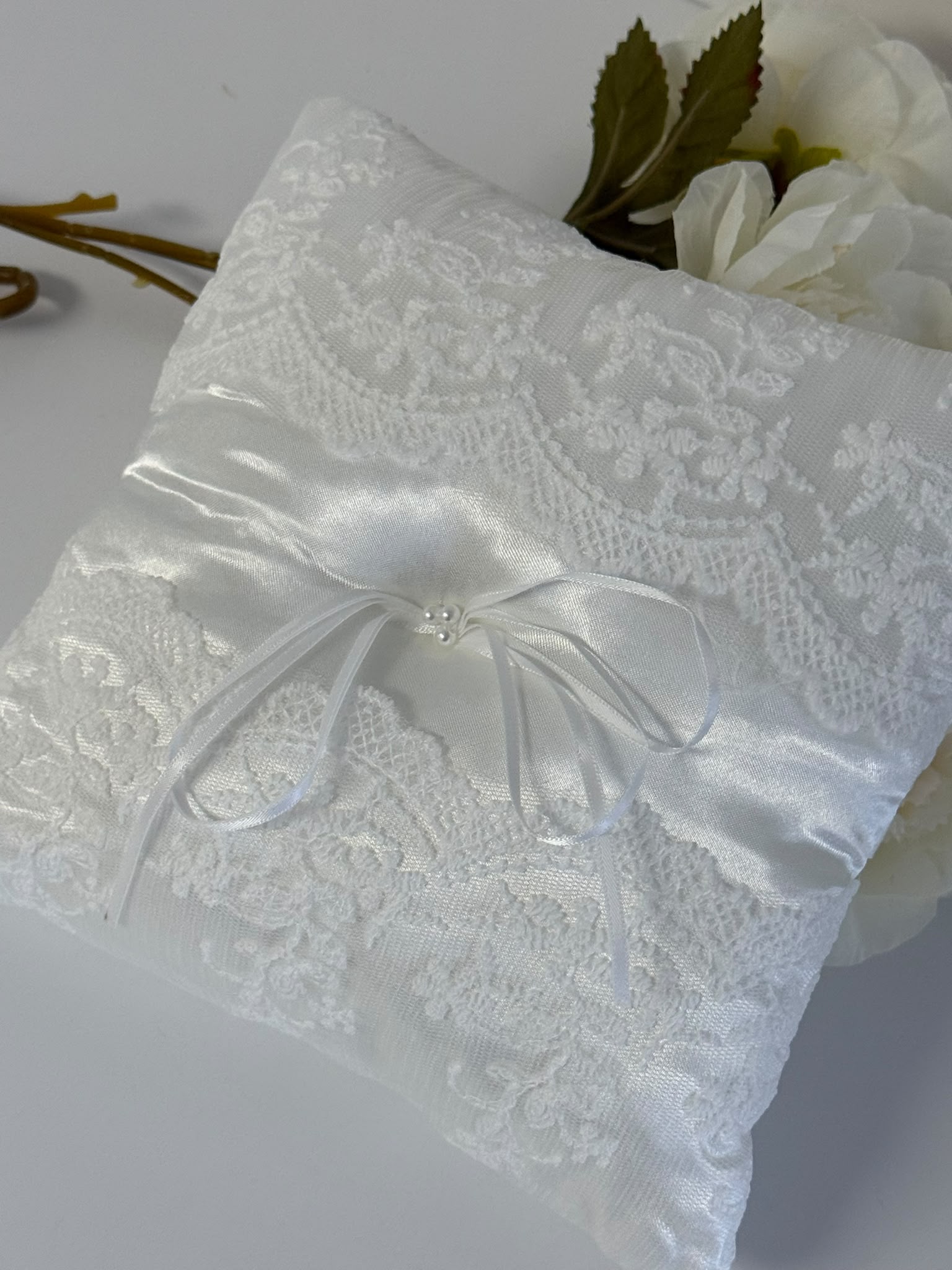 Elegant White Satin Lace Ring Bearer Pillow
