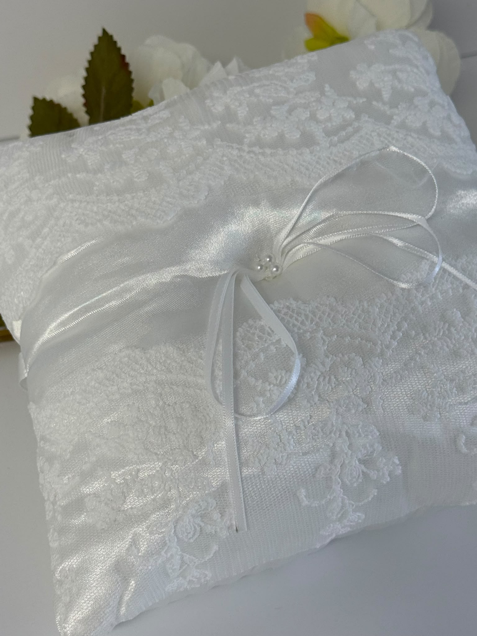 Elegant White Satin Lace Ring Bearer Pillow