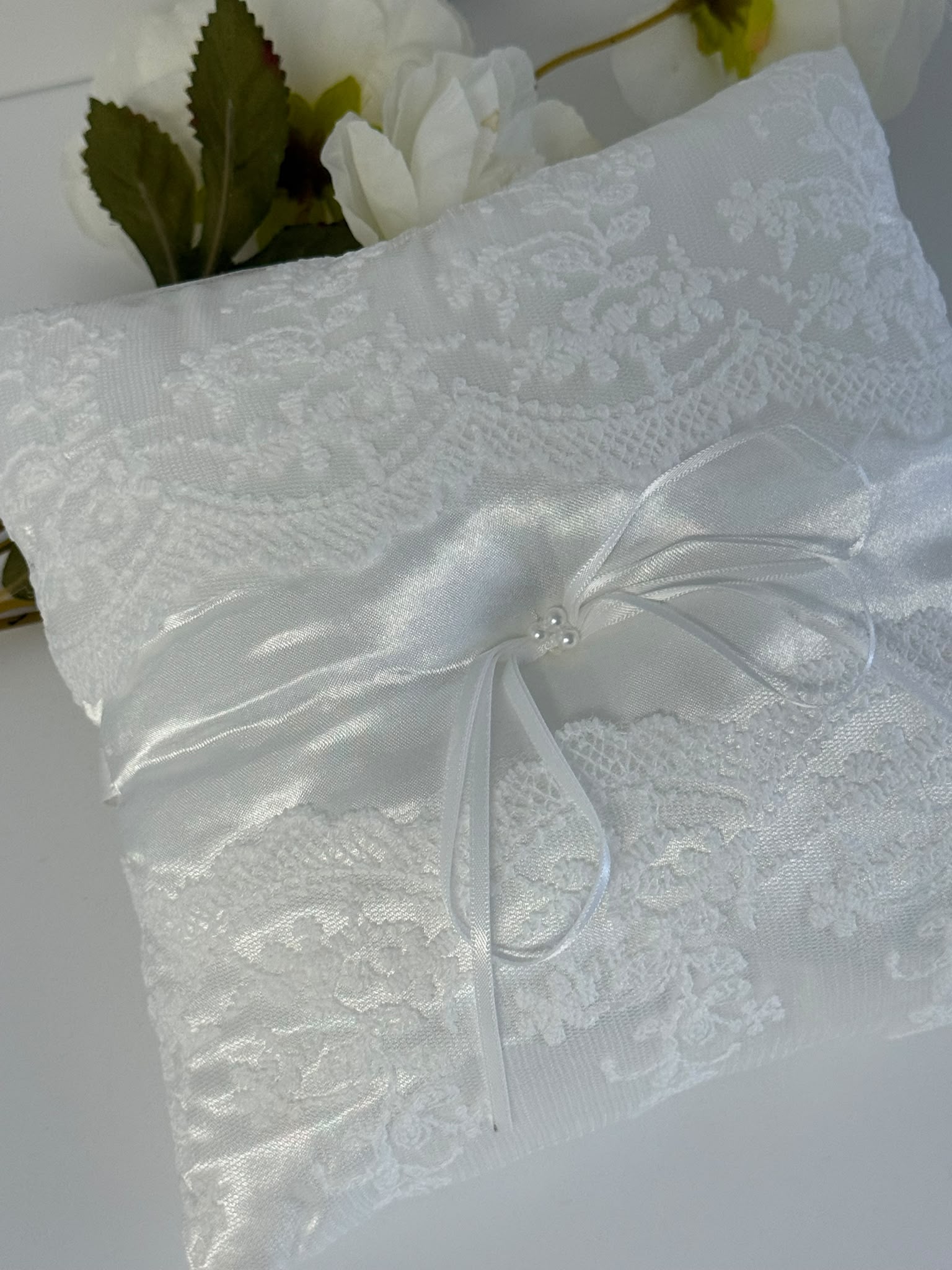 Elegant White Satin Lace Ring Bearer Pillow