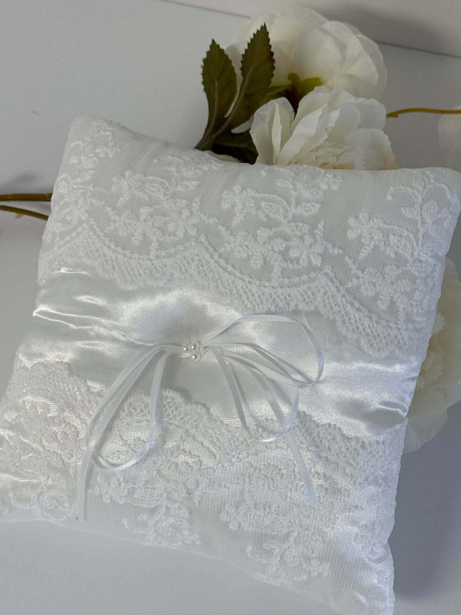 Elegant White Satin Lace Ring Bearer Pillow
