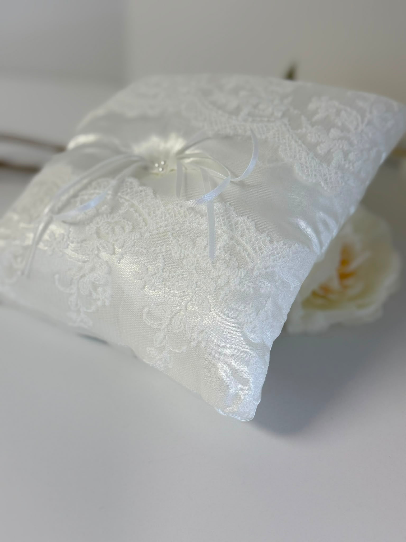 Elegant White Satin Lace Ring Bearer Pillow