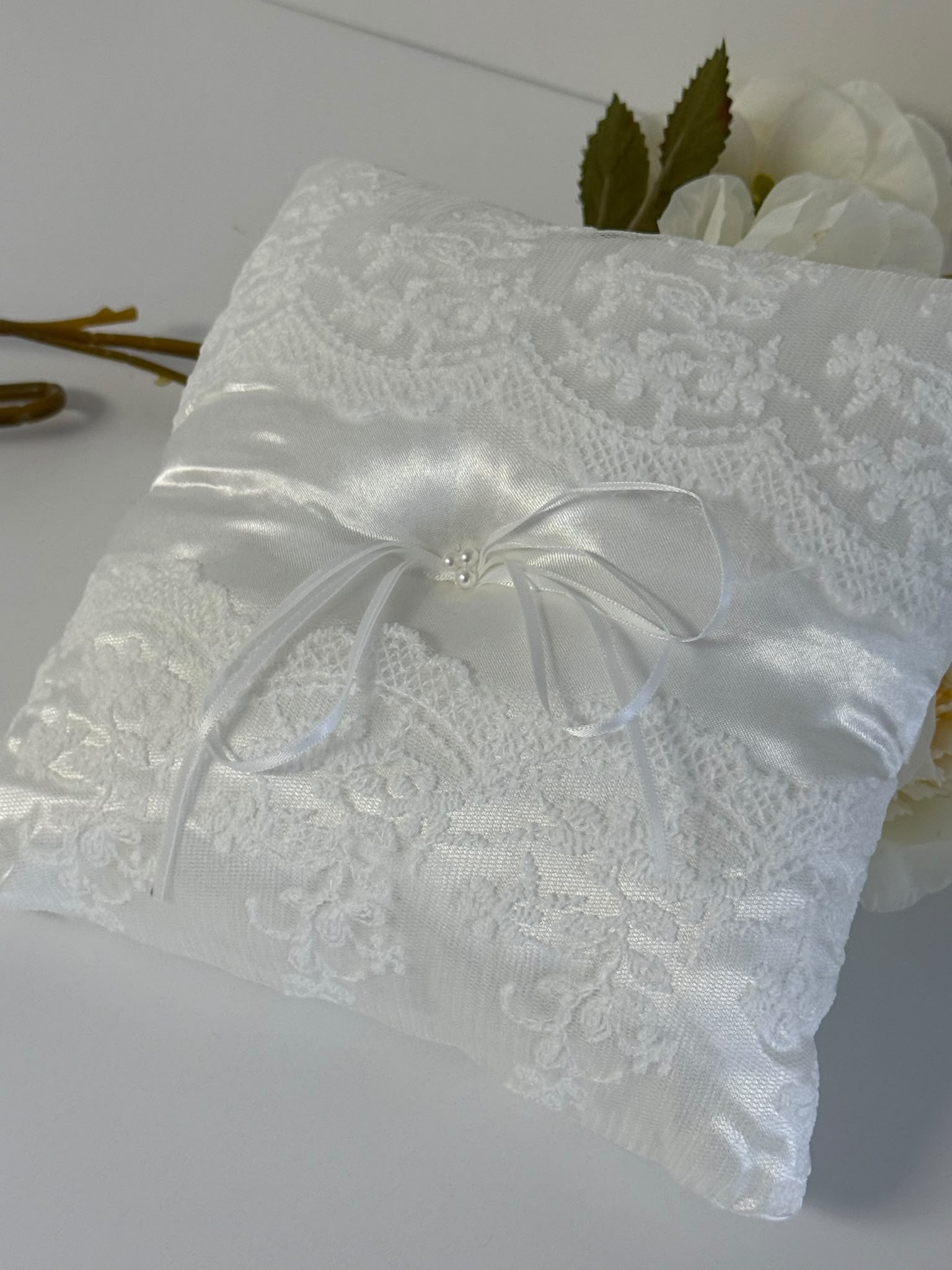 Elegant White Satin Lace Ring Bearer Pillow