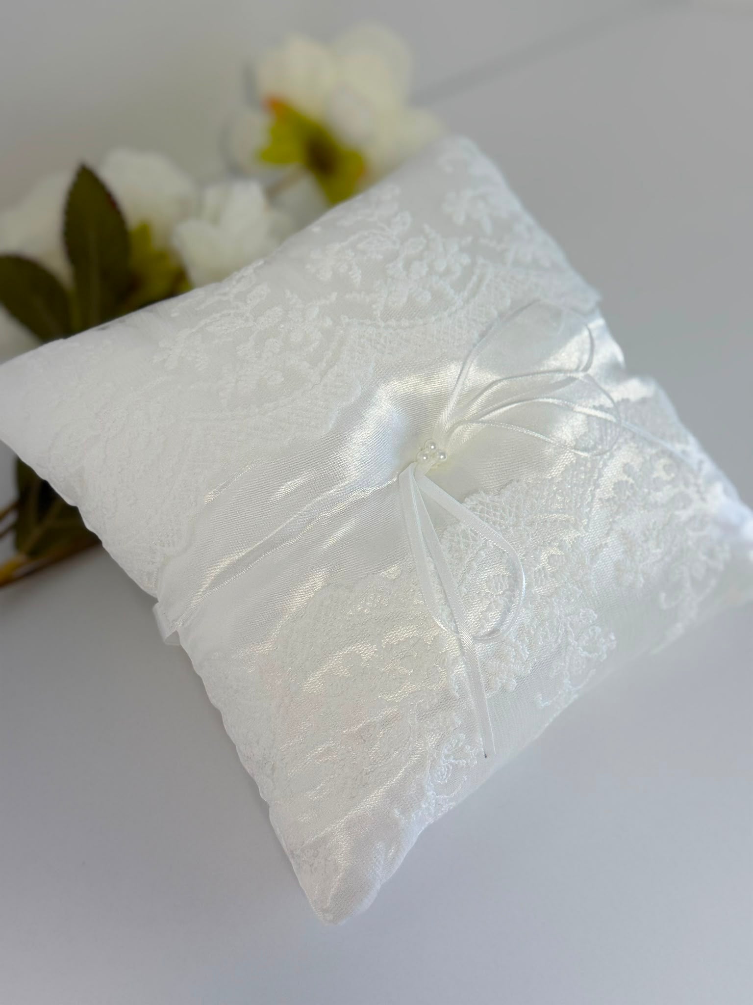 Elegant White Satin Lace Ring Bearer Pillow