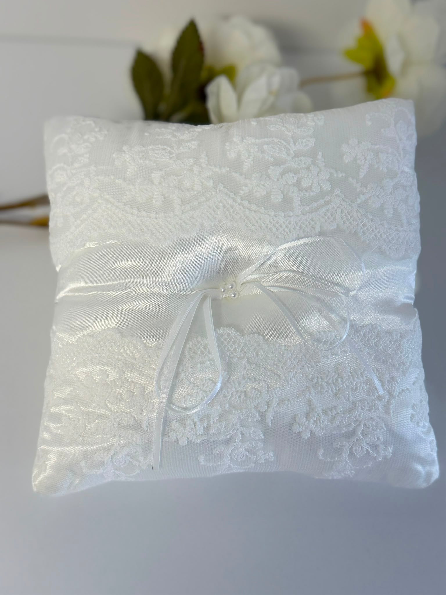 Elegant White Satin Lace Ring Bearer Pillow