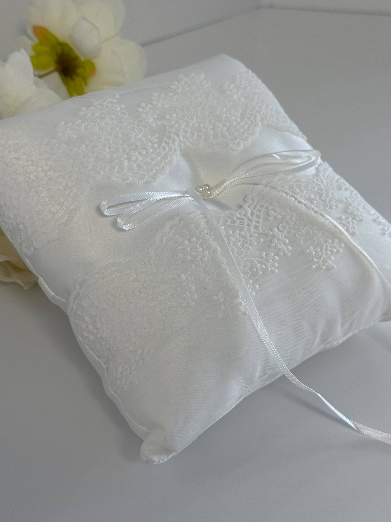 Elegant White Satin Lace Ring Bearer Pillow