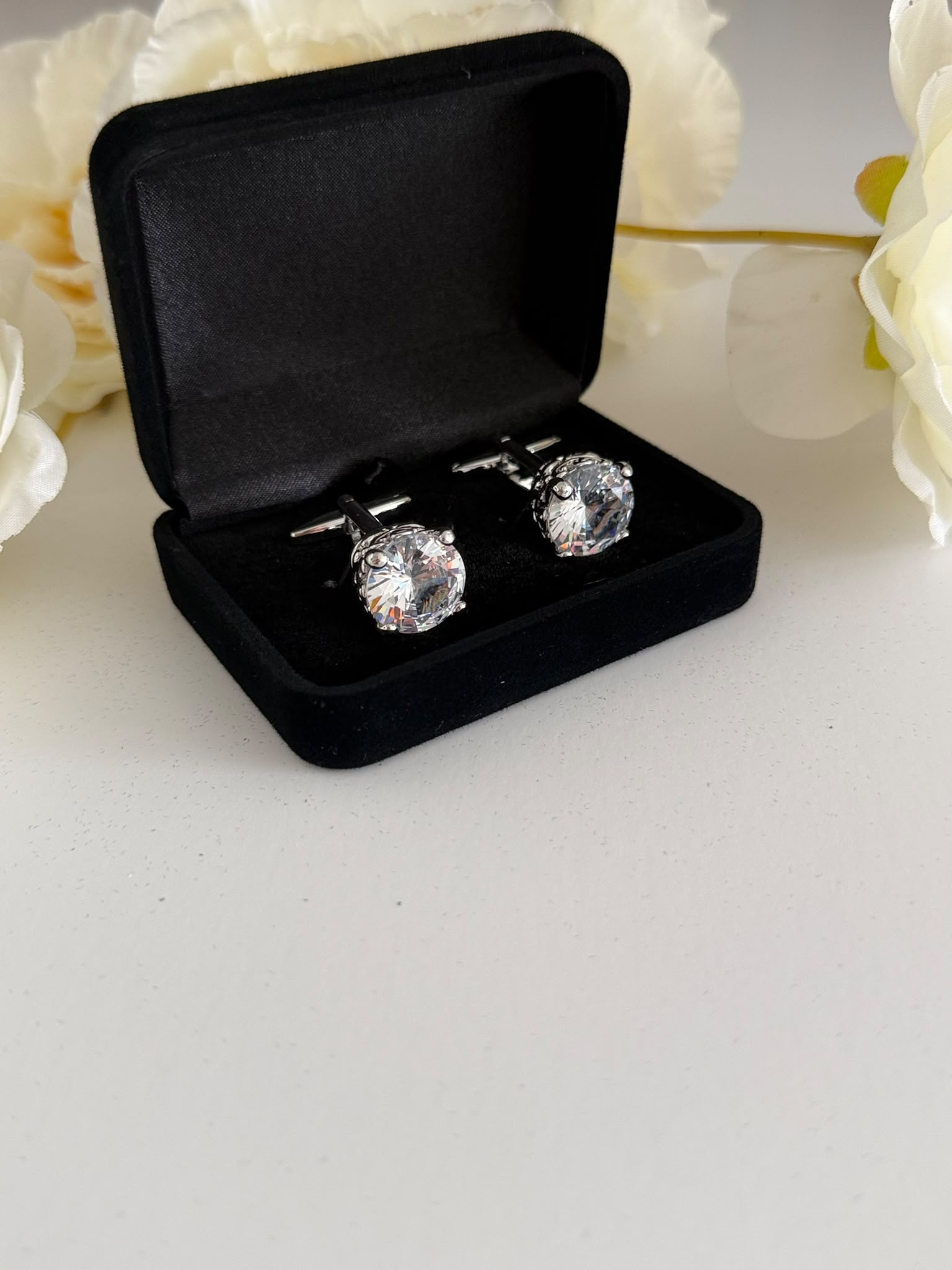 Luxury Men's Silver Tone Crystal Cufflinks