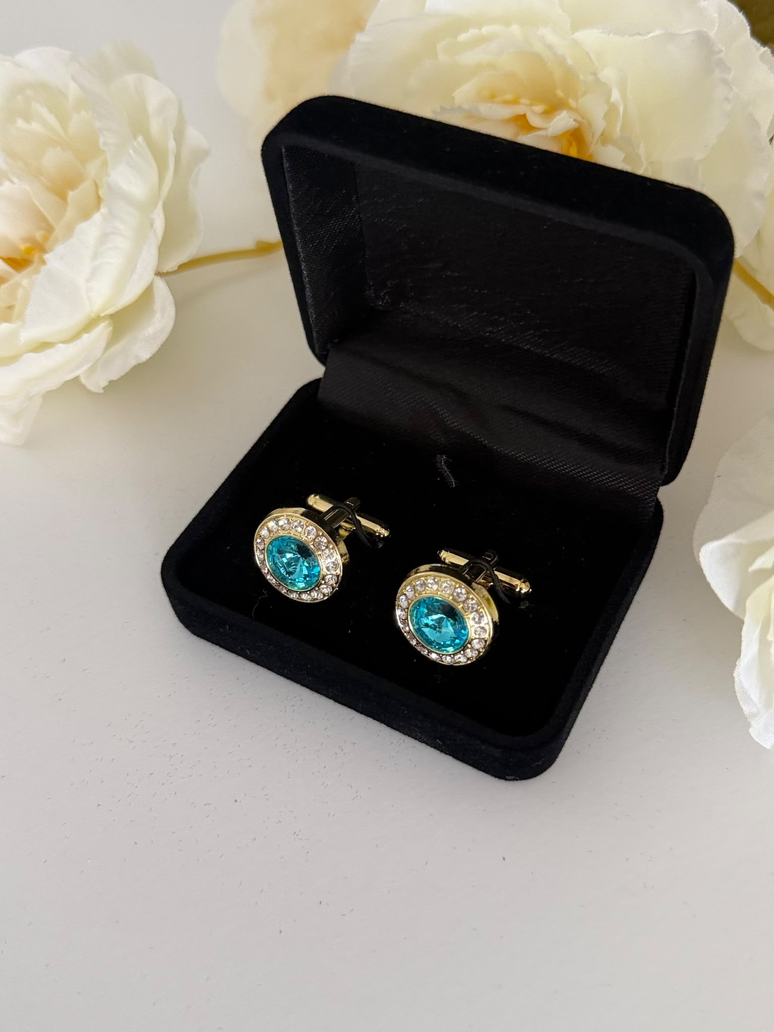 Luxury Gold-Tone Aquamarine Crystal Cufflinks for Men