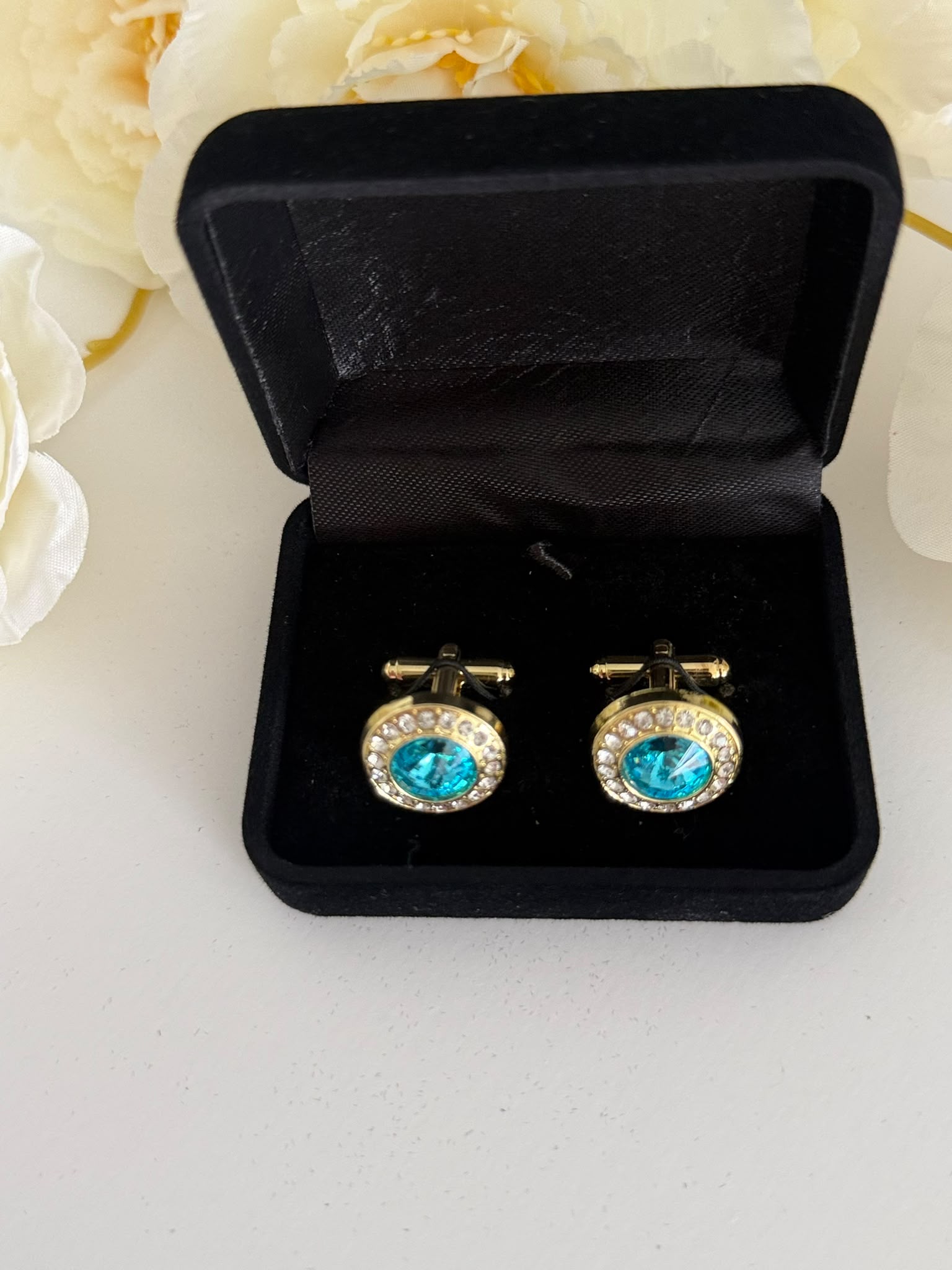 Luxury Gold-Tone Aquamarine Crystal Cufflinks for Men