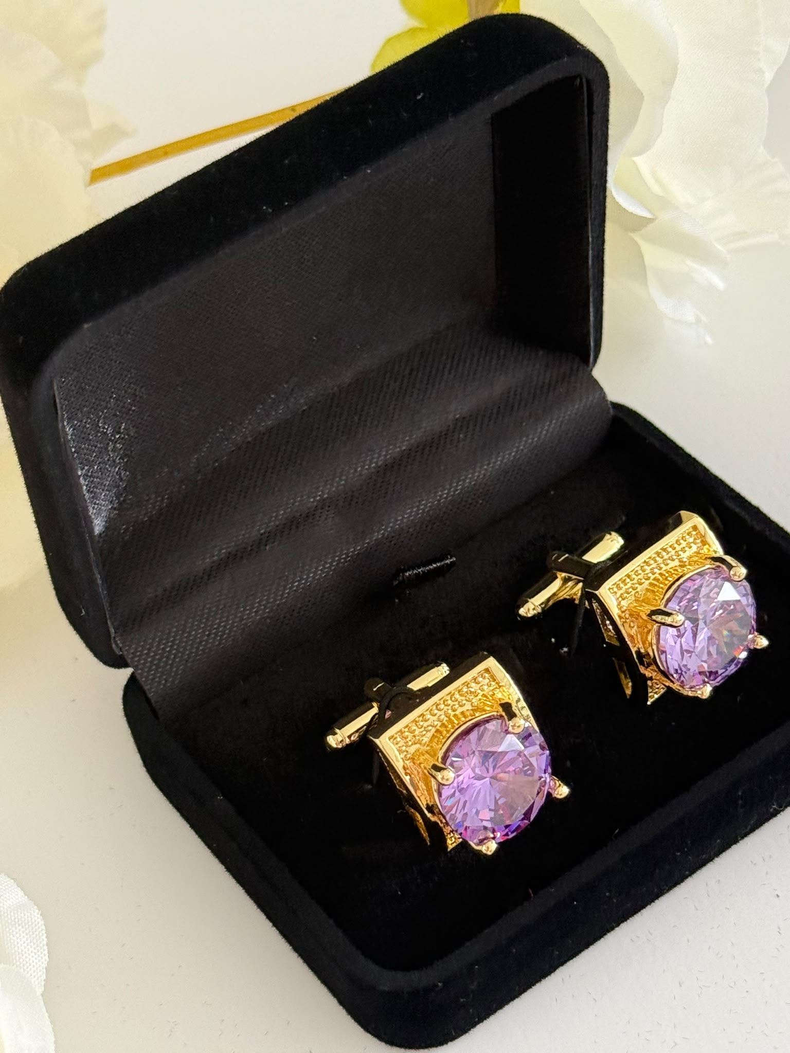 Luxury Gold Amethyst Purple Crystal Cufflinks for Men