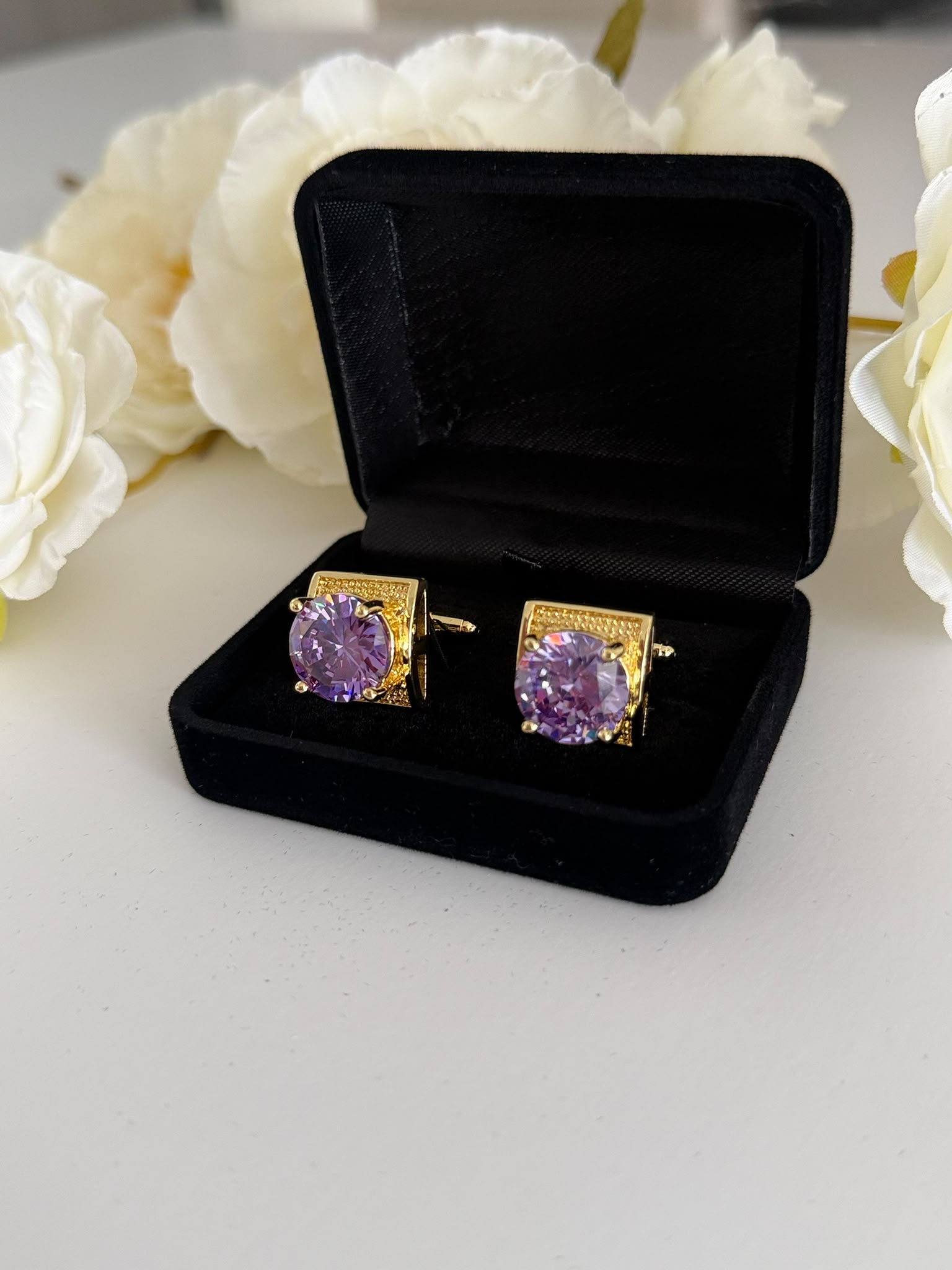 Luxury Gold Amethyst Purple Crystal Cufflinks for Men