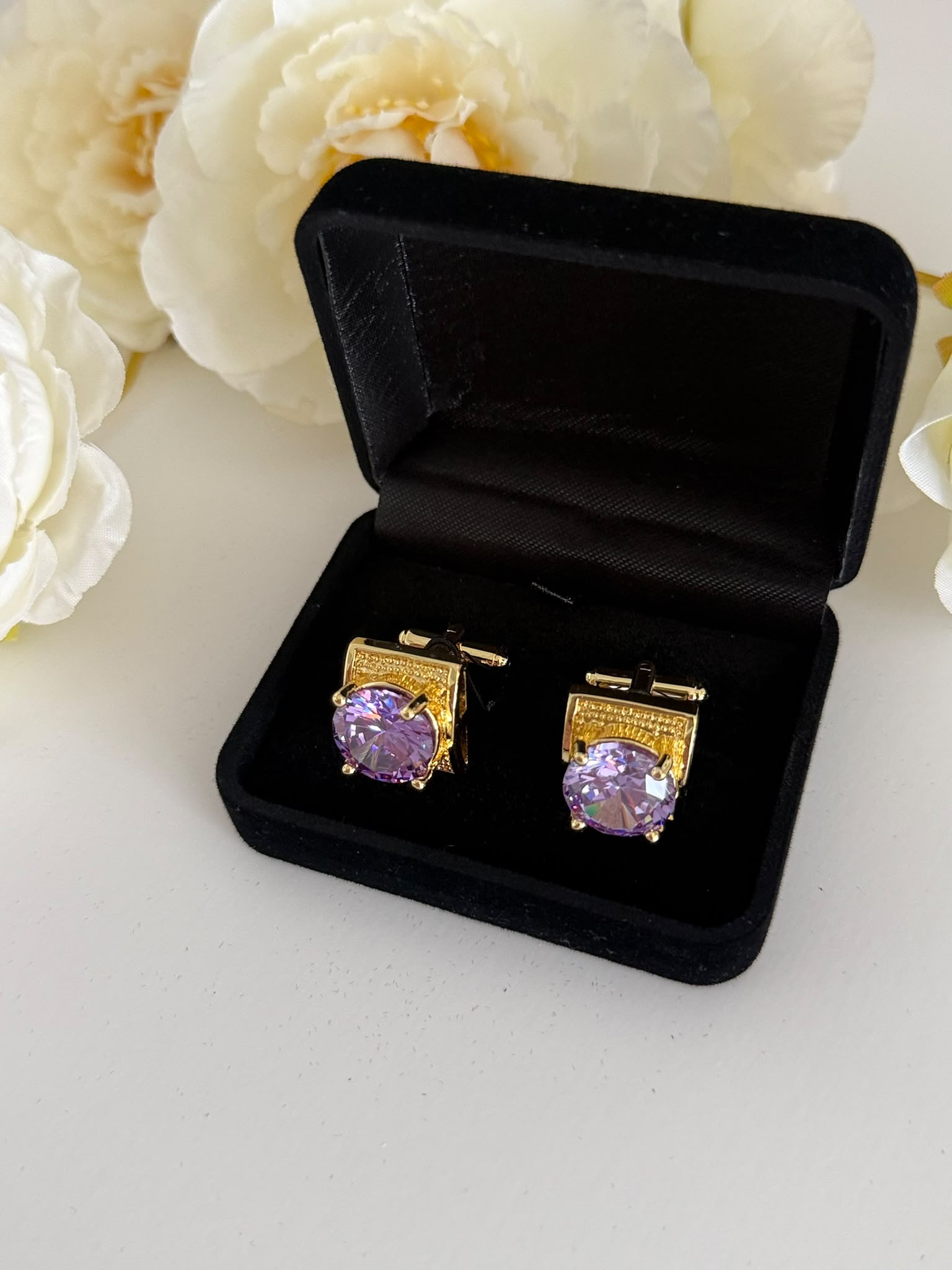 Luxury Gold Amethyst Purple Crystal Cufflinks for Men