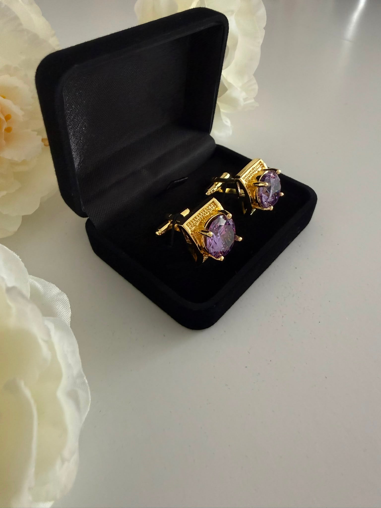 Luxury Gold Amethyst Purple Crystal Cufflinks for Men