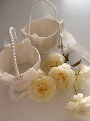 2PCS White Satin Flower Girl Basket Set with Pearl Handle & Elegant Bow