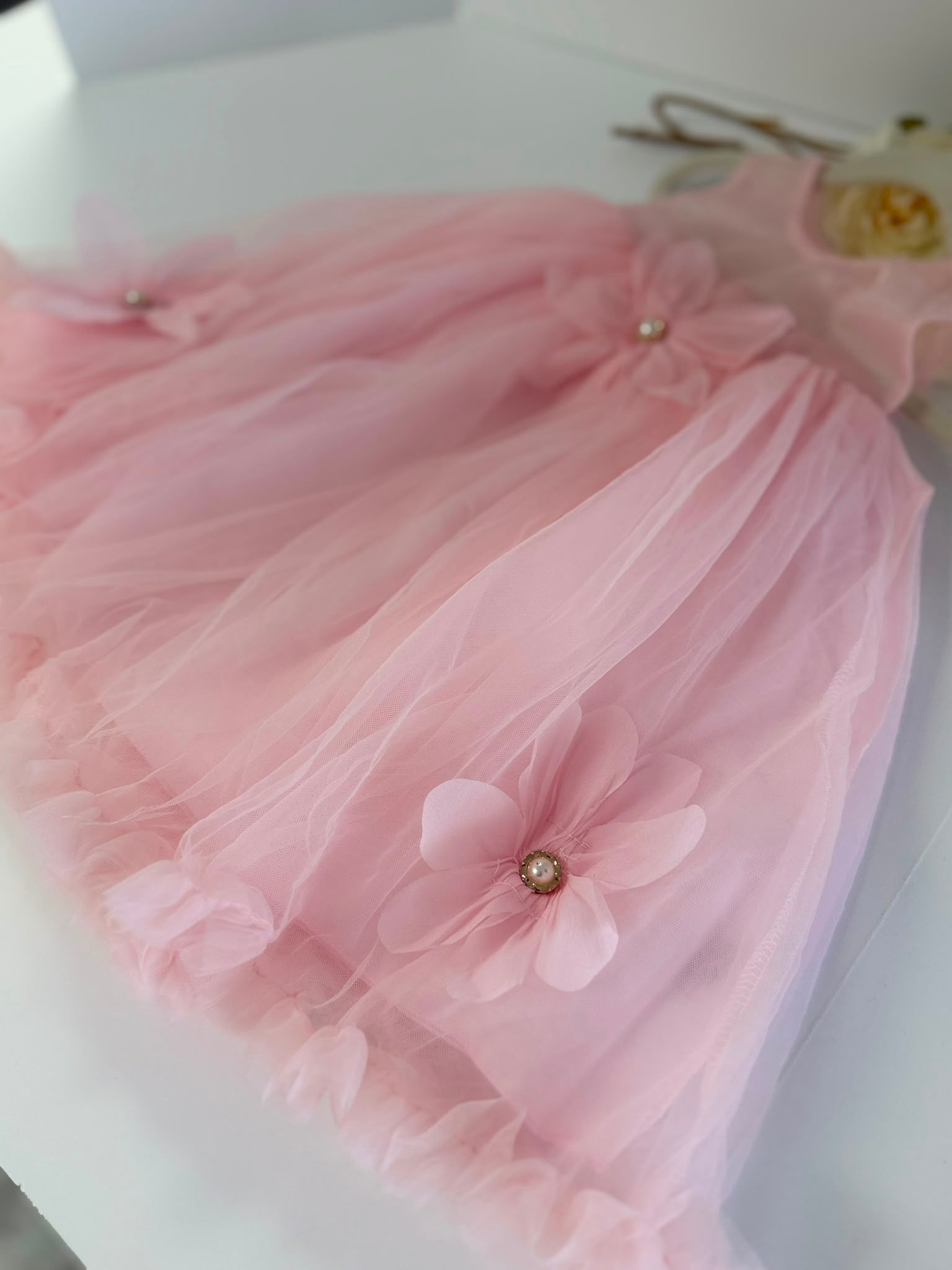 Luxury Pink Princess Dress with 3D Floral Appliqués