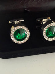 Luxury Silver Emerald Green Crystal Cufflinks