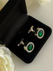 Luxury Silver Emerald Green Crystal Cufflinks