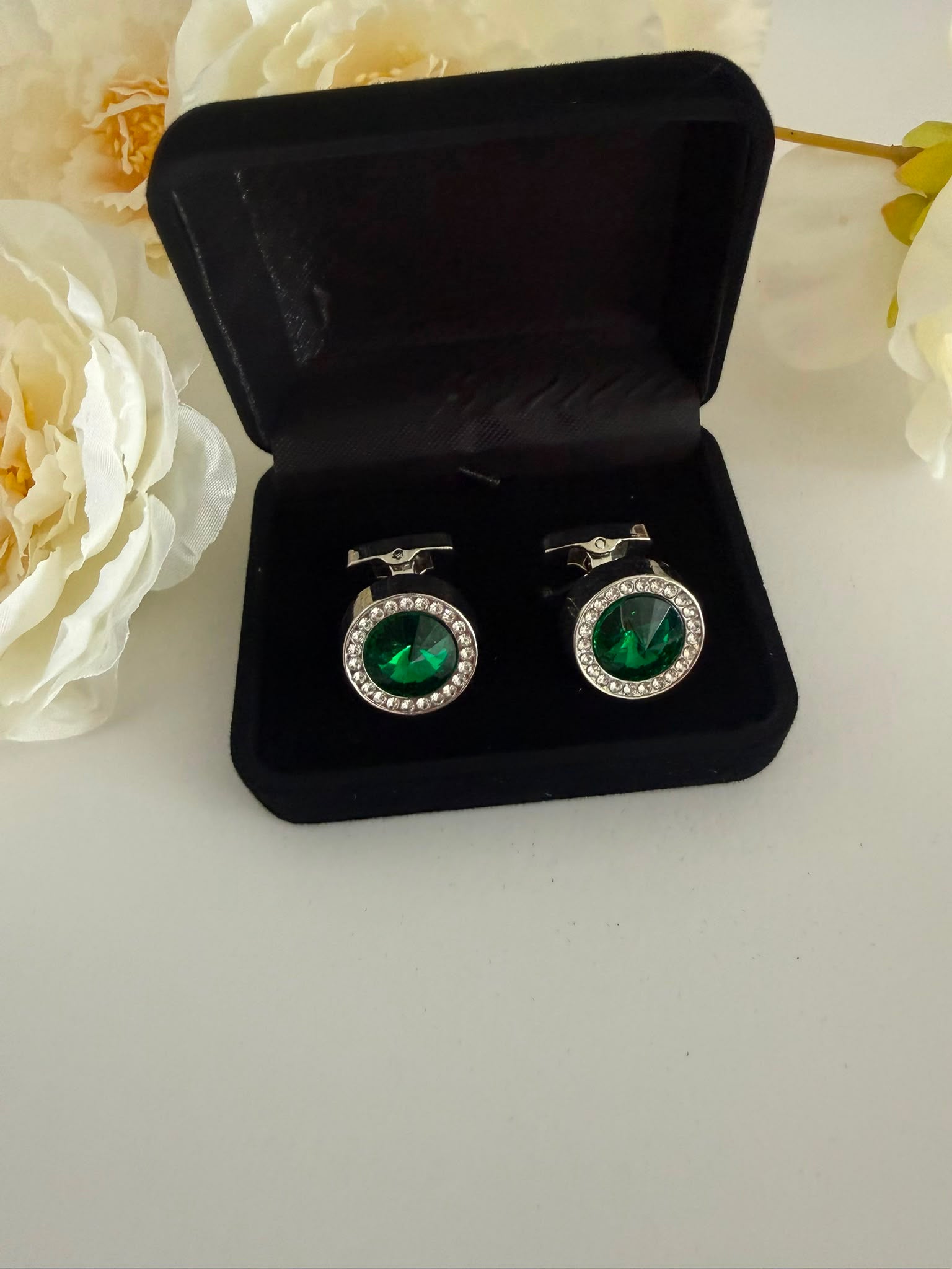 Luxury Silver Emerald Green Crystal Cufflinks