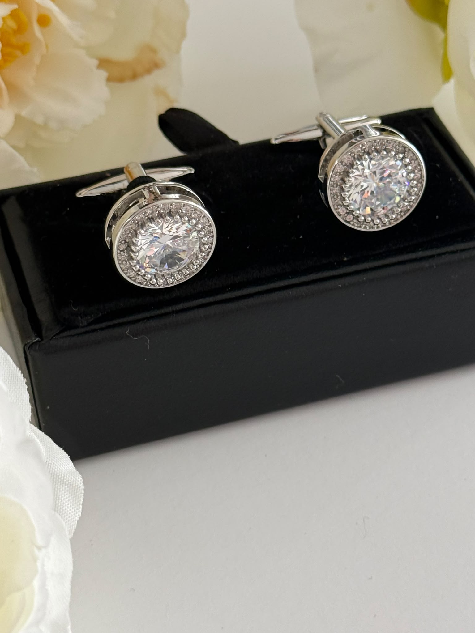 Luxury Silver Toned Crystal Cufflinks