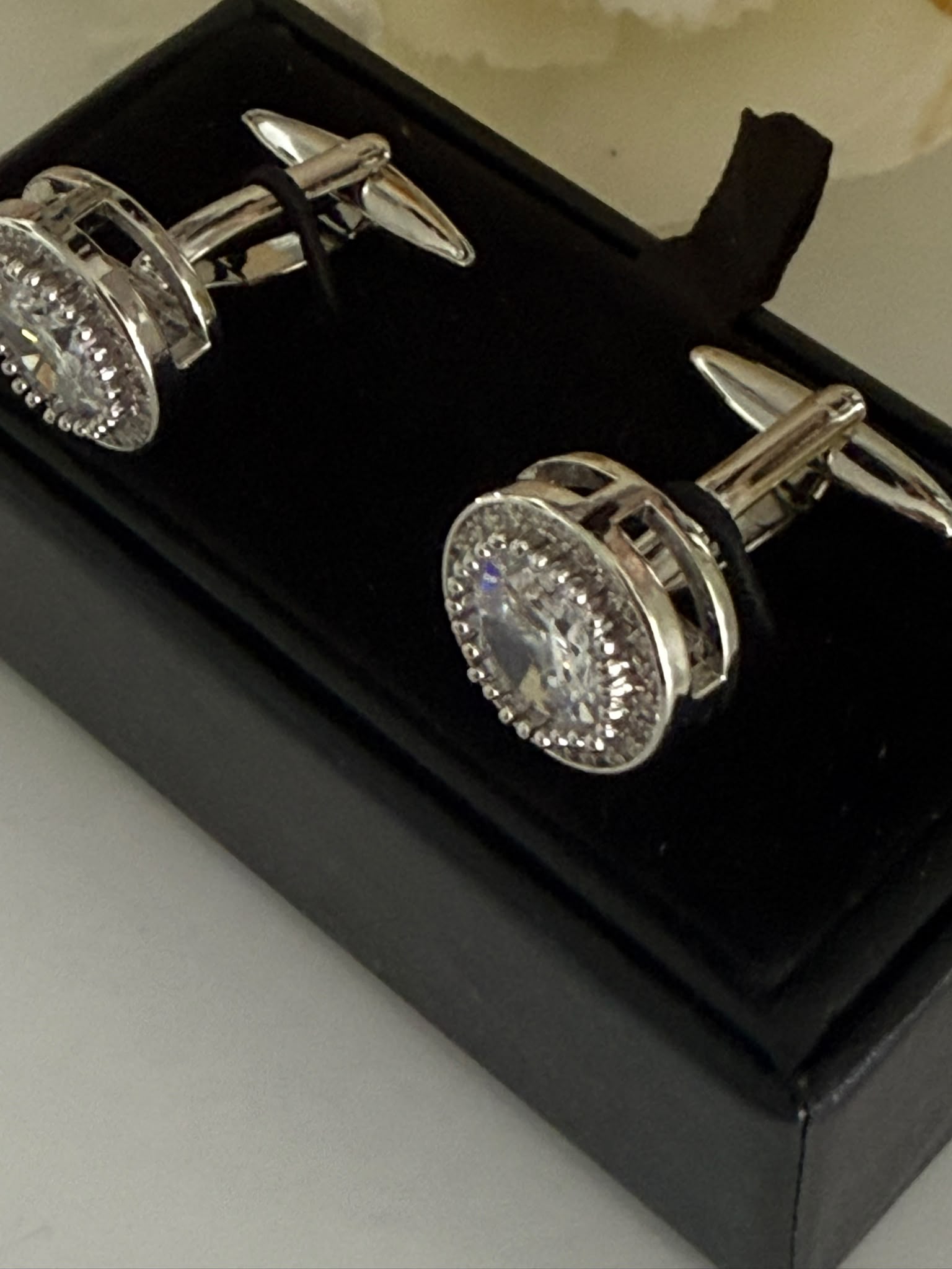 Luxury Silver Toned Crystal Cufflinks