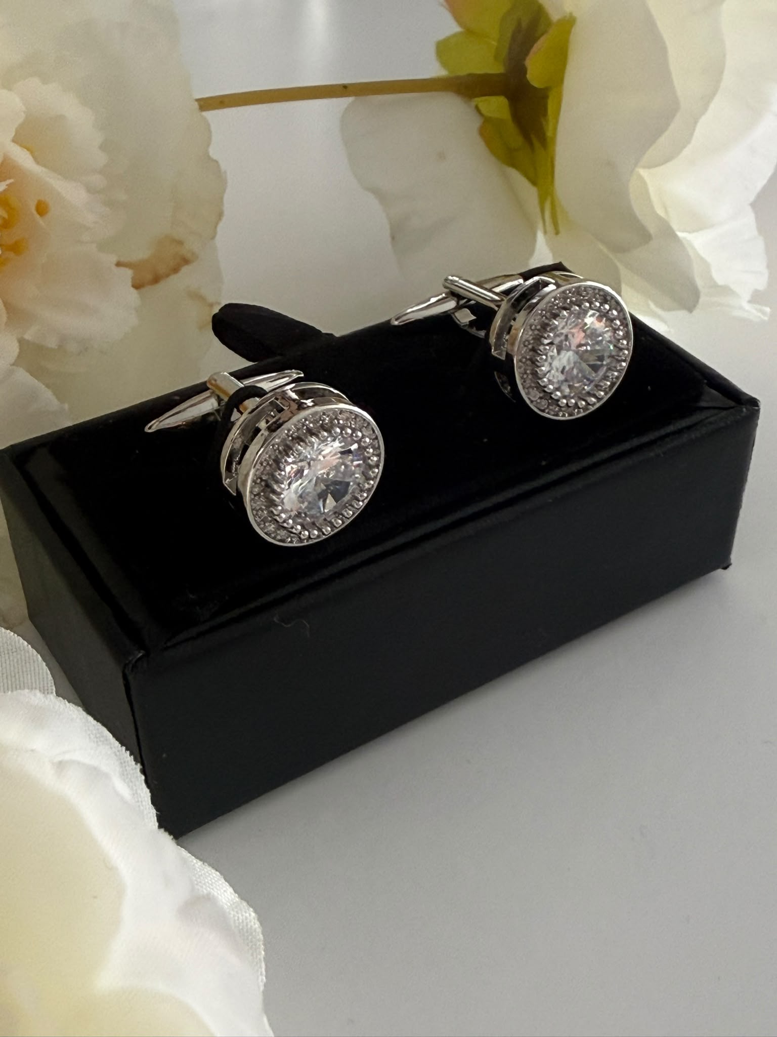 Luxury Silver Toned Crystal Cufflinks