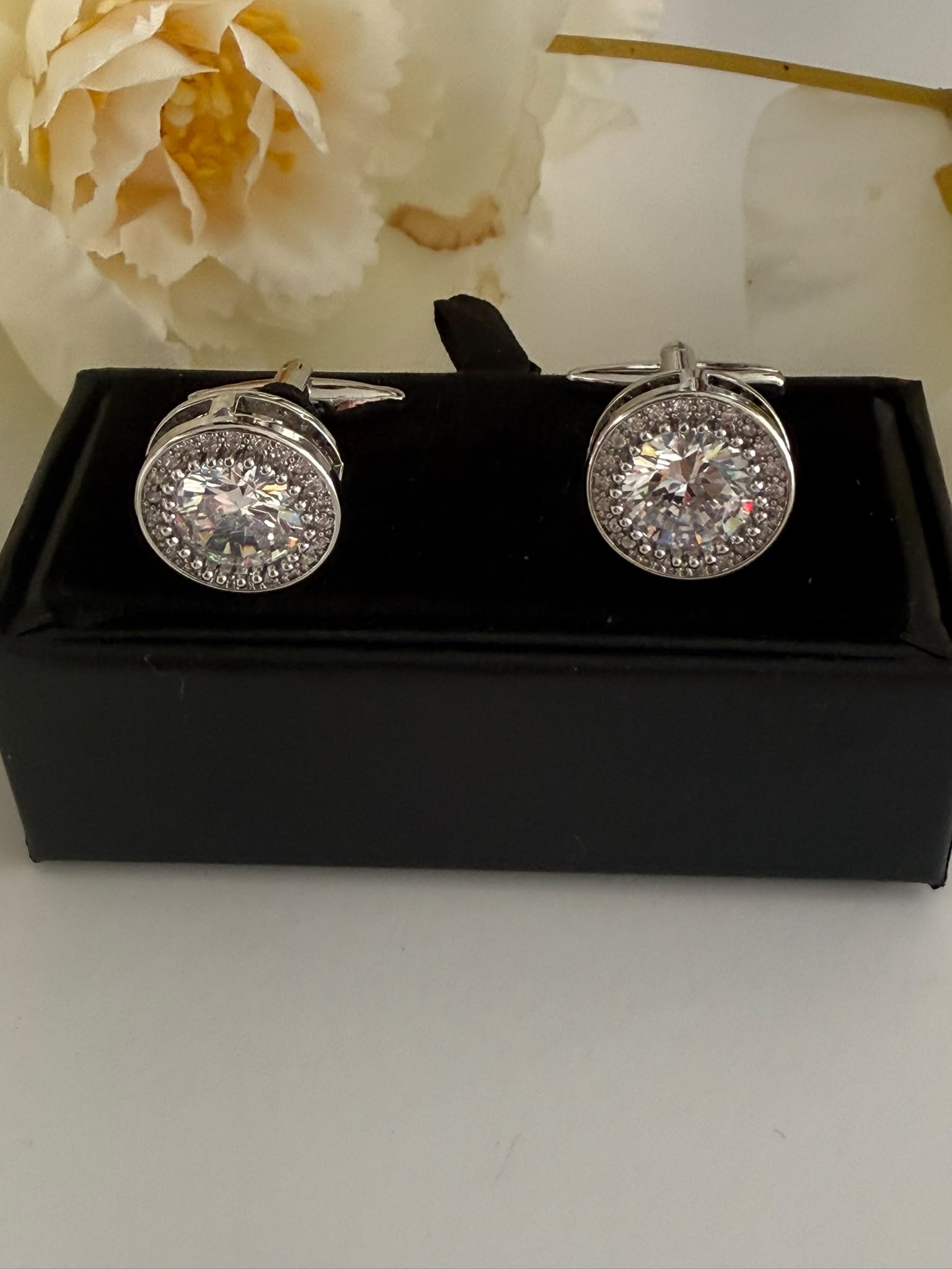 Luxury Silver Toned Crystal Cufflinks