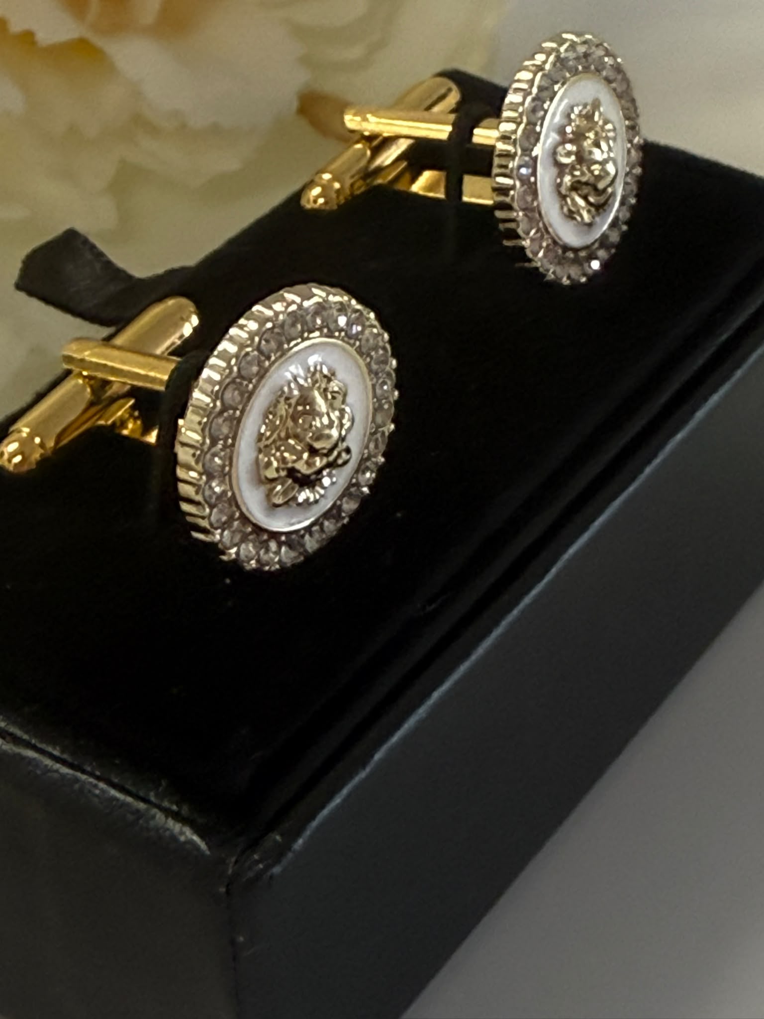 Gold Lion Head Crystal Cufflinks