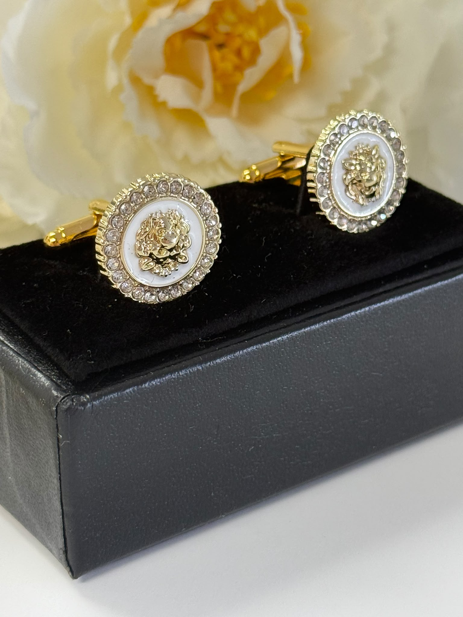 Gold Lion Head Crystal Cufflinks