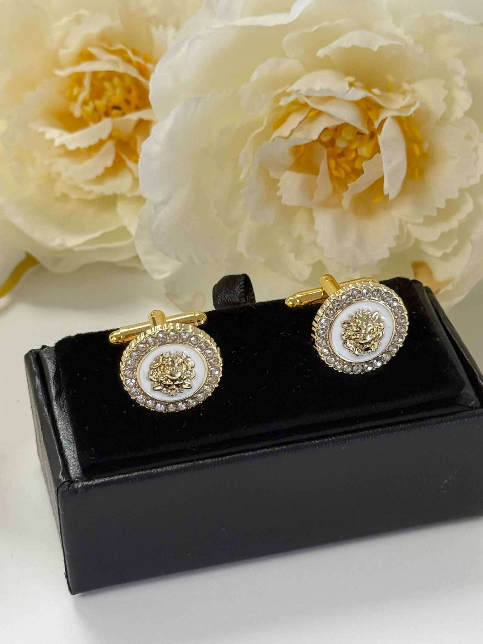 Gold Lion Head Crystal Cufflinks