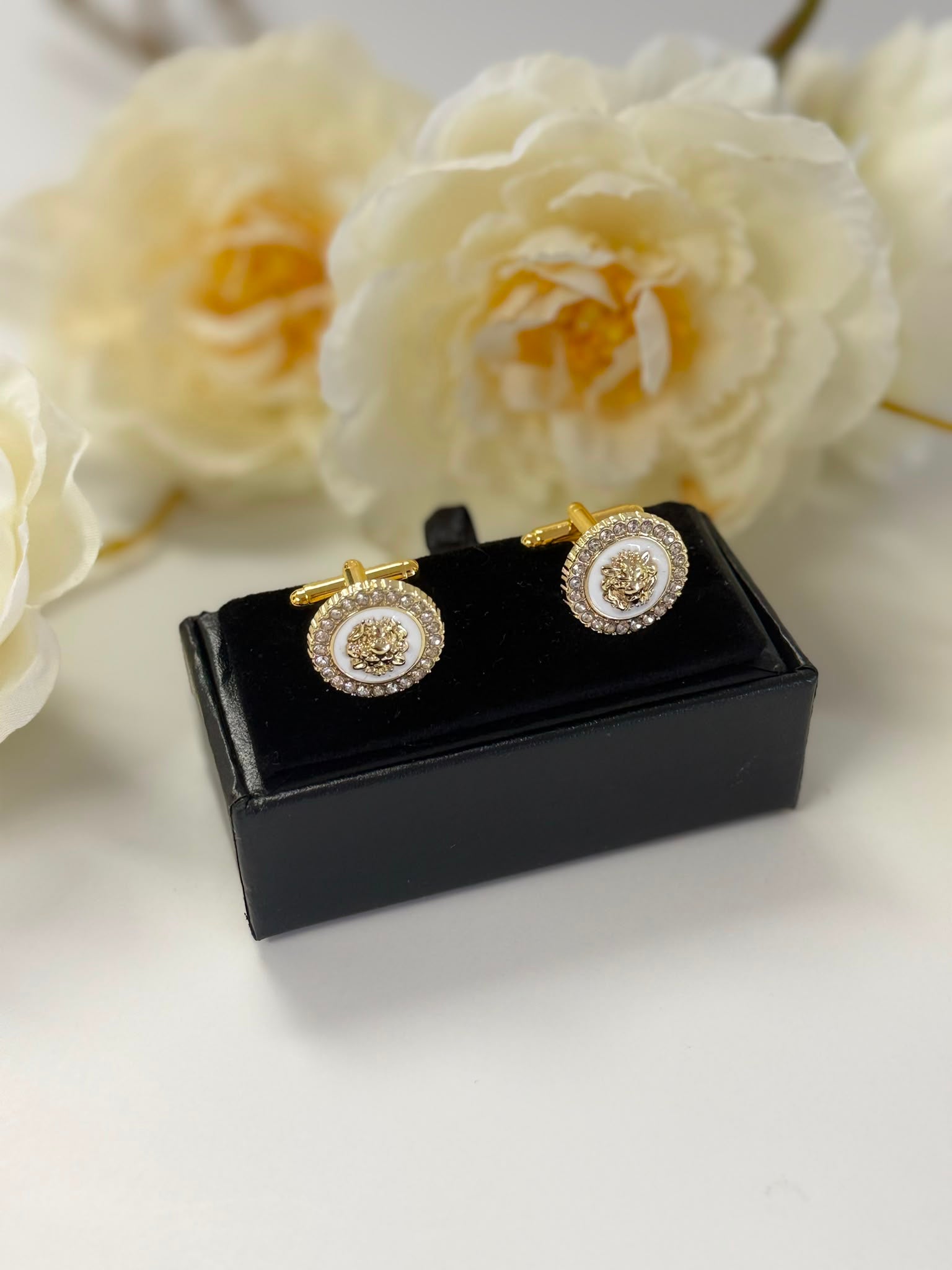 Gold Lion Head Crystal Cufflinks
