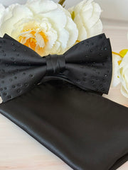 Black Rhinestone Bow Tie & Pocket Square Set