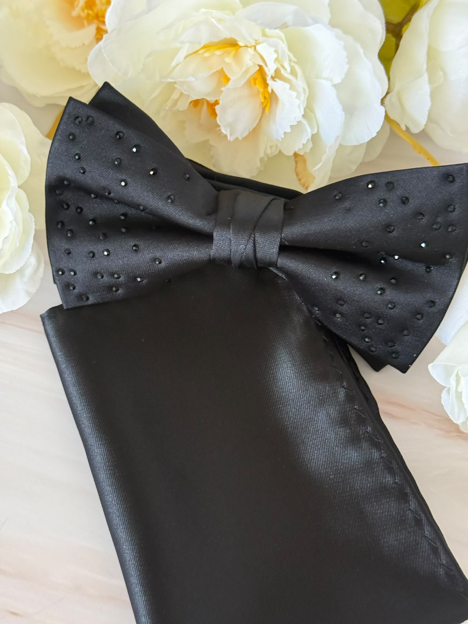 Black Rhinestone Bow Tie & Pocket Square Set