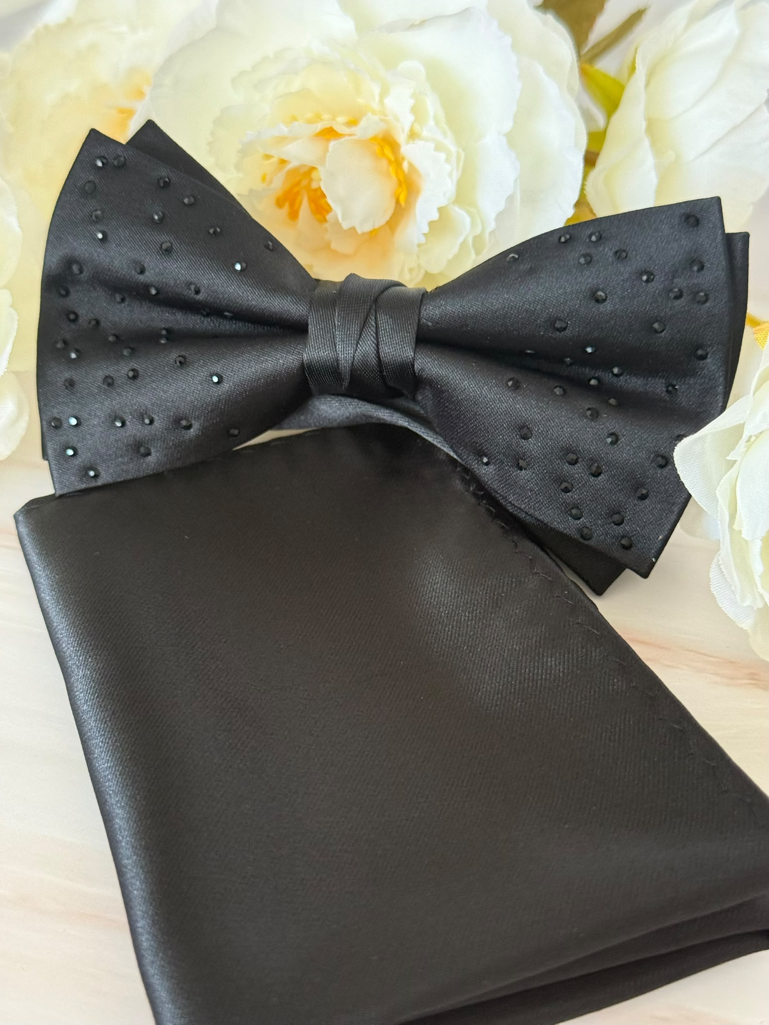 Black Rhinestone Bow Tie & Pocket Square Set