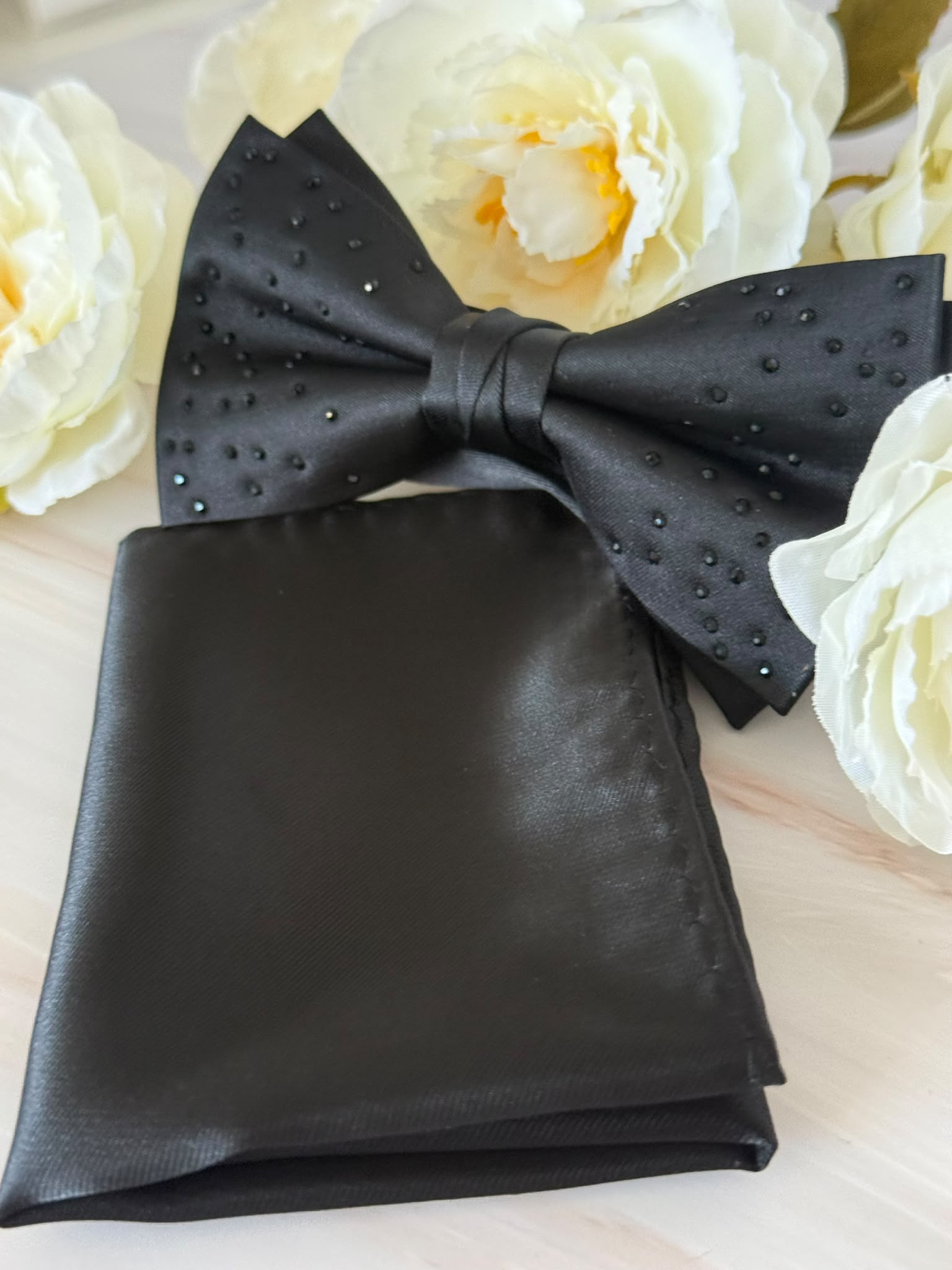 Black Rhinestone Bow Tie & Pocket Square Set