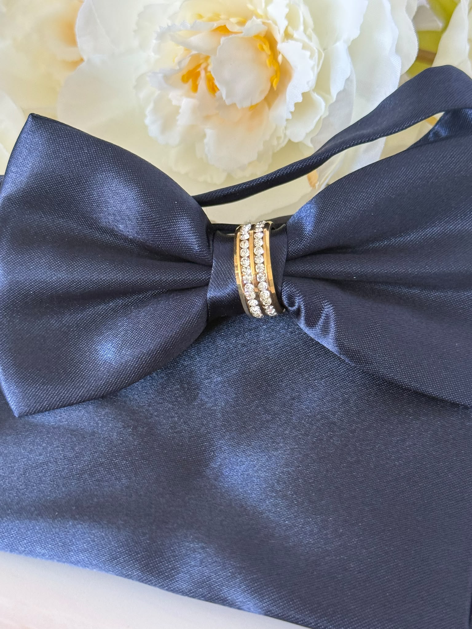 Navy Blue Bow Tie Set with Crystal Ring