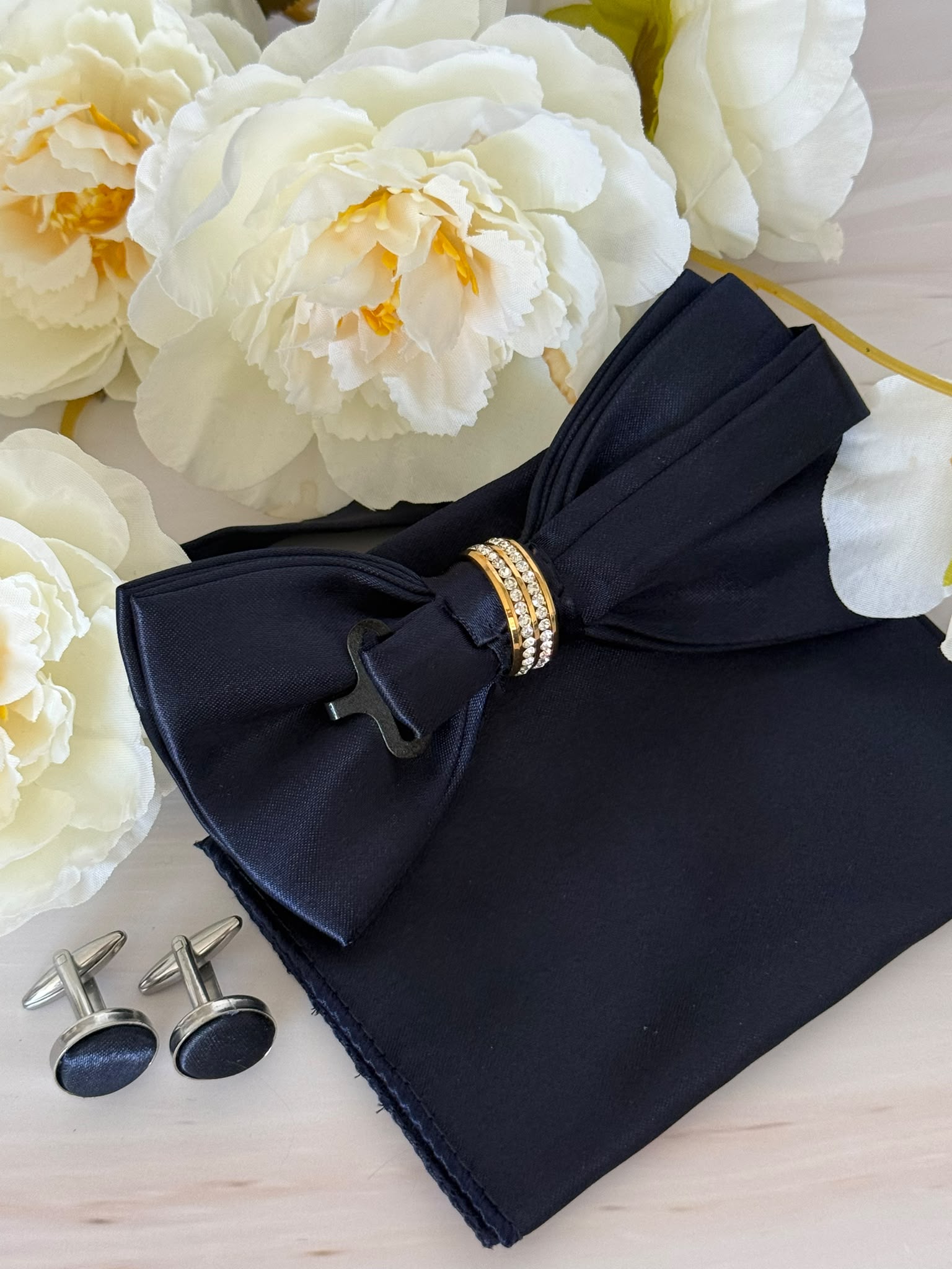 Navy Blue Bow Tie Set with Crystal Ring